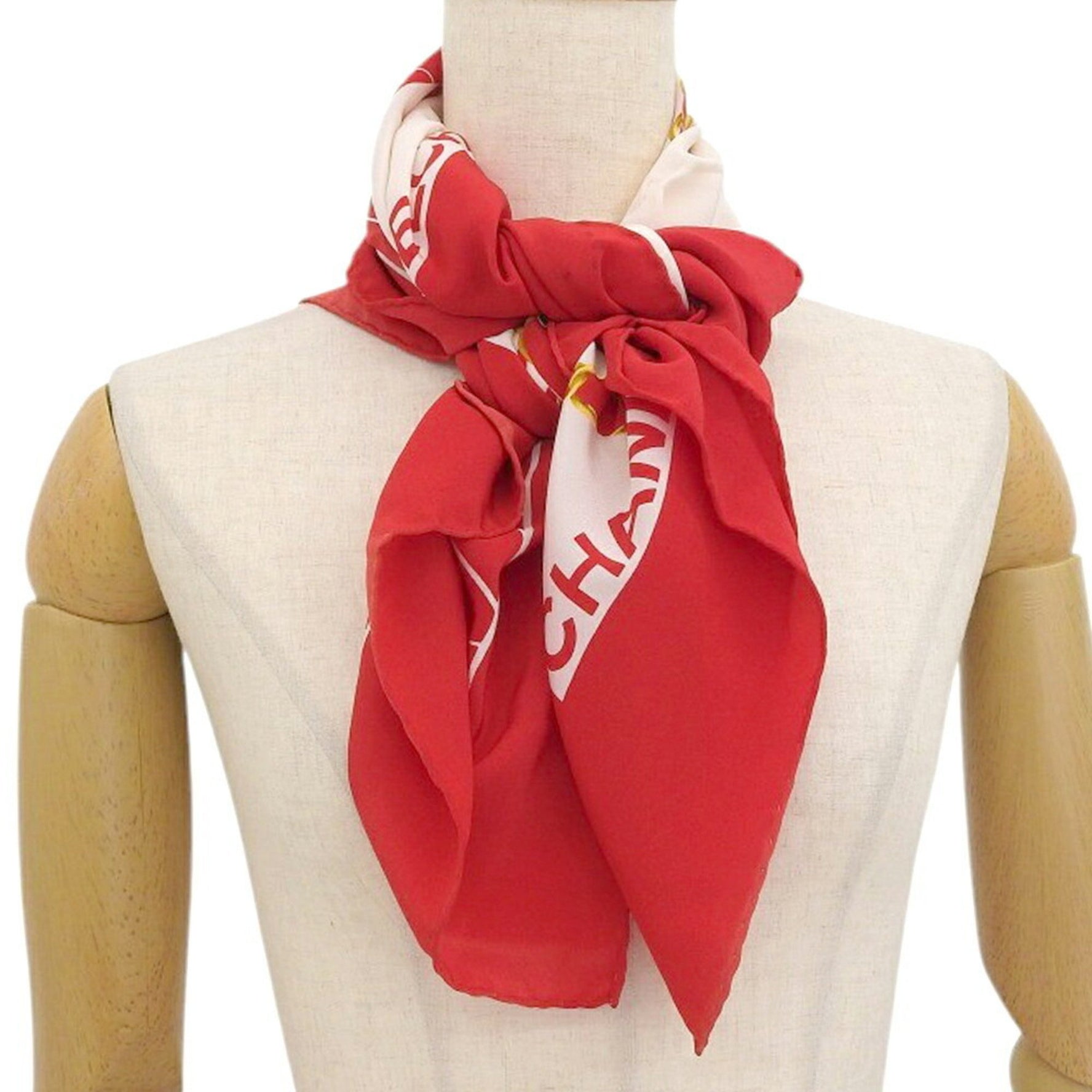 CHANEL Chain motif bag pattern scarf muffler red white