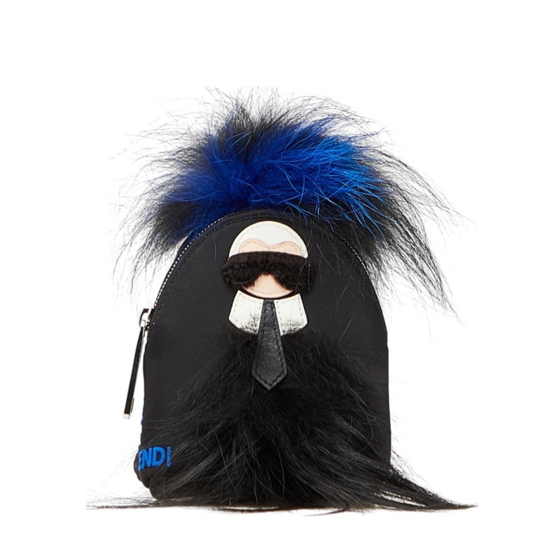 FENDI Carlito Backpack with Motif Keychain and Accessory Case, Black Blue Nylon Leather