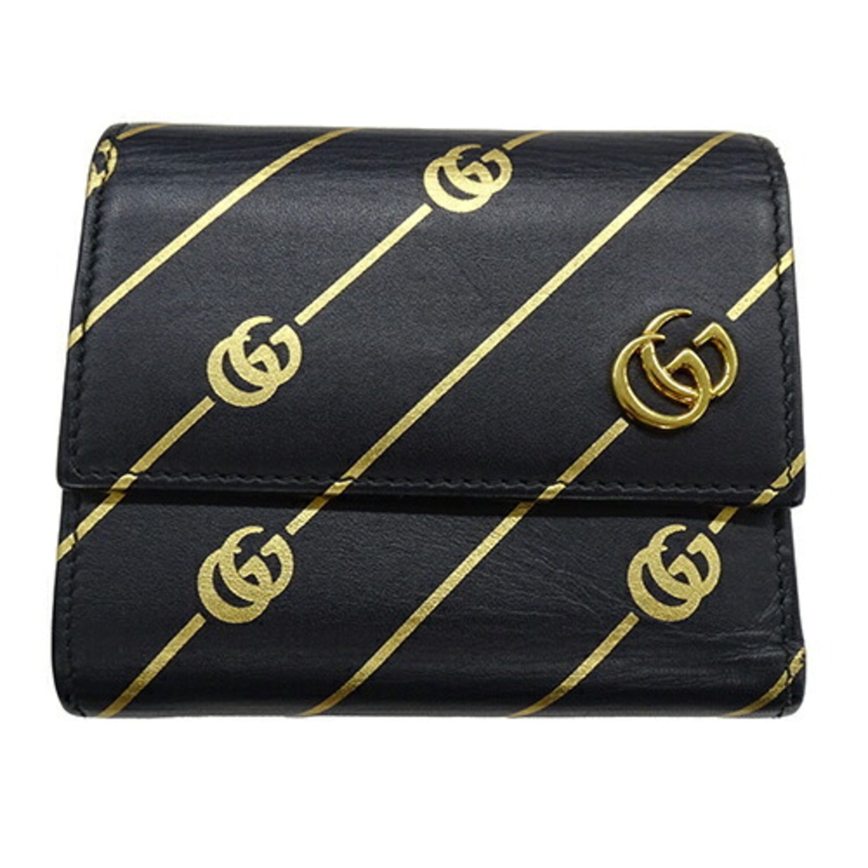 GUCCI Wallet for Women and Men, Tri-fold Wallet, GG Marmont Leather, Black Gold,