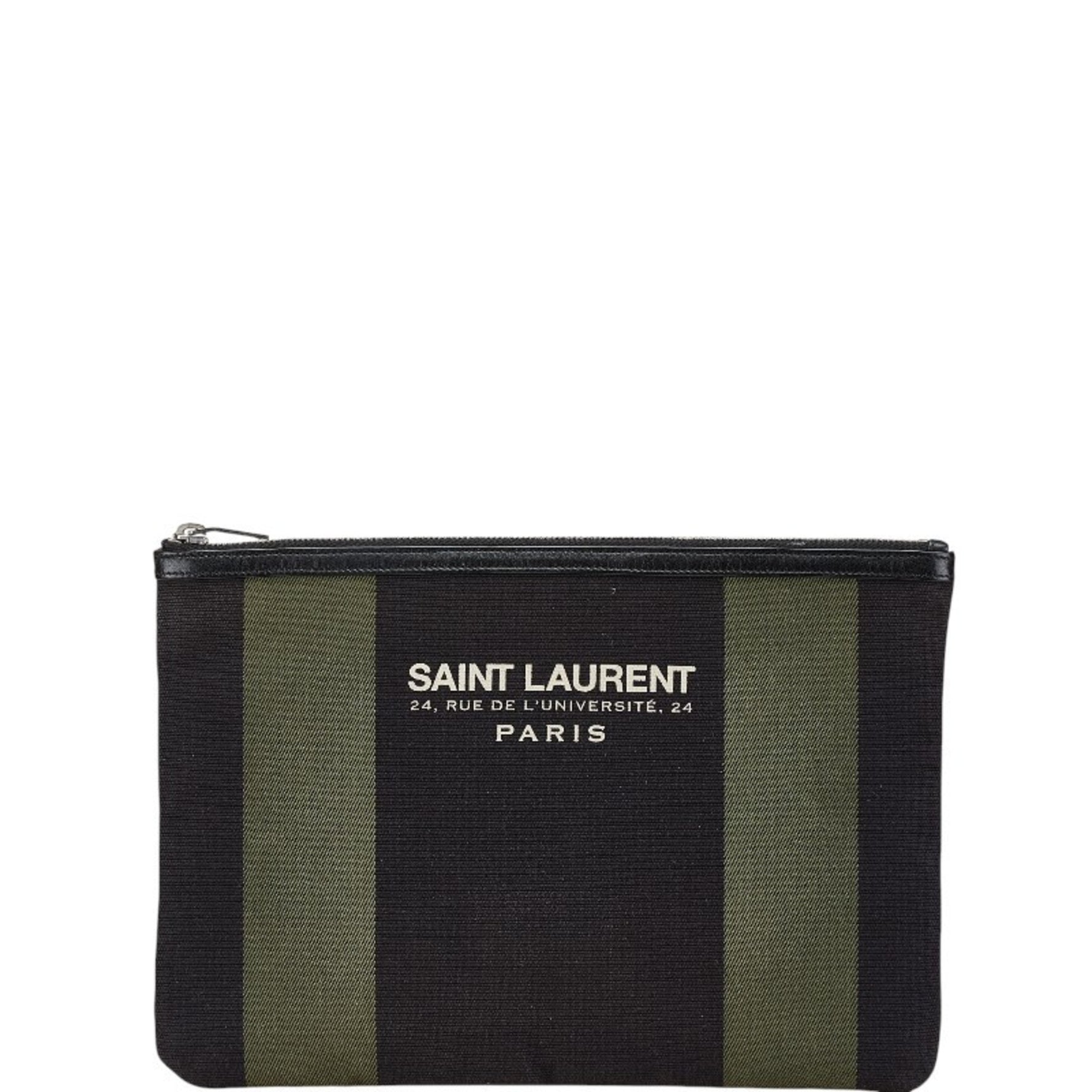 Saint Laurent Clutch Bag Pouch Black Khaki Canvas Leather Women's SAINT LAURENT