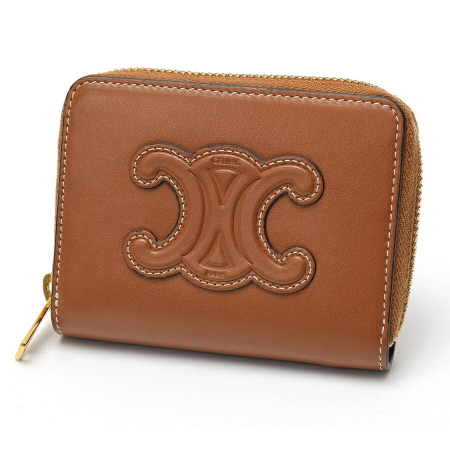 Celine Cuir Triomphe Compact Zip Wallet Coin Case Smooth Calf Leather Tan (Brown)