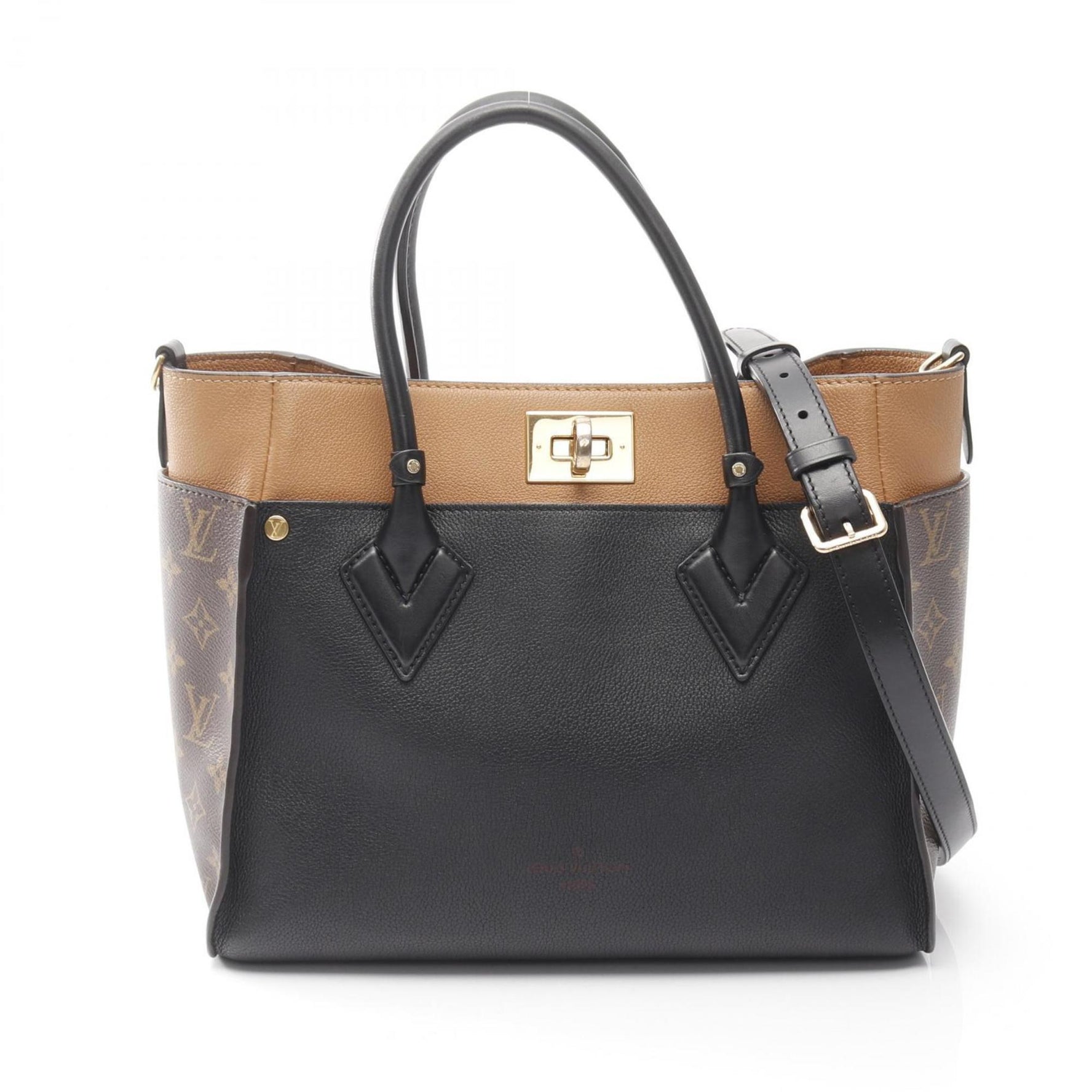 Louis Vuitton On My Side MM Handbag, Leather and Coated Canvas, Monogram, Black Brown