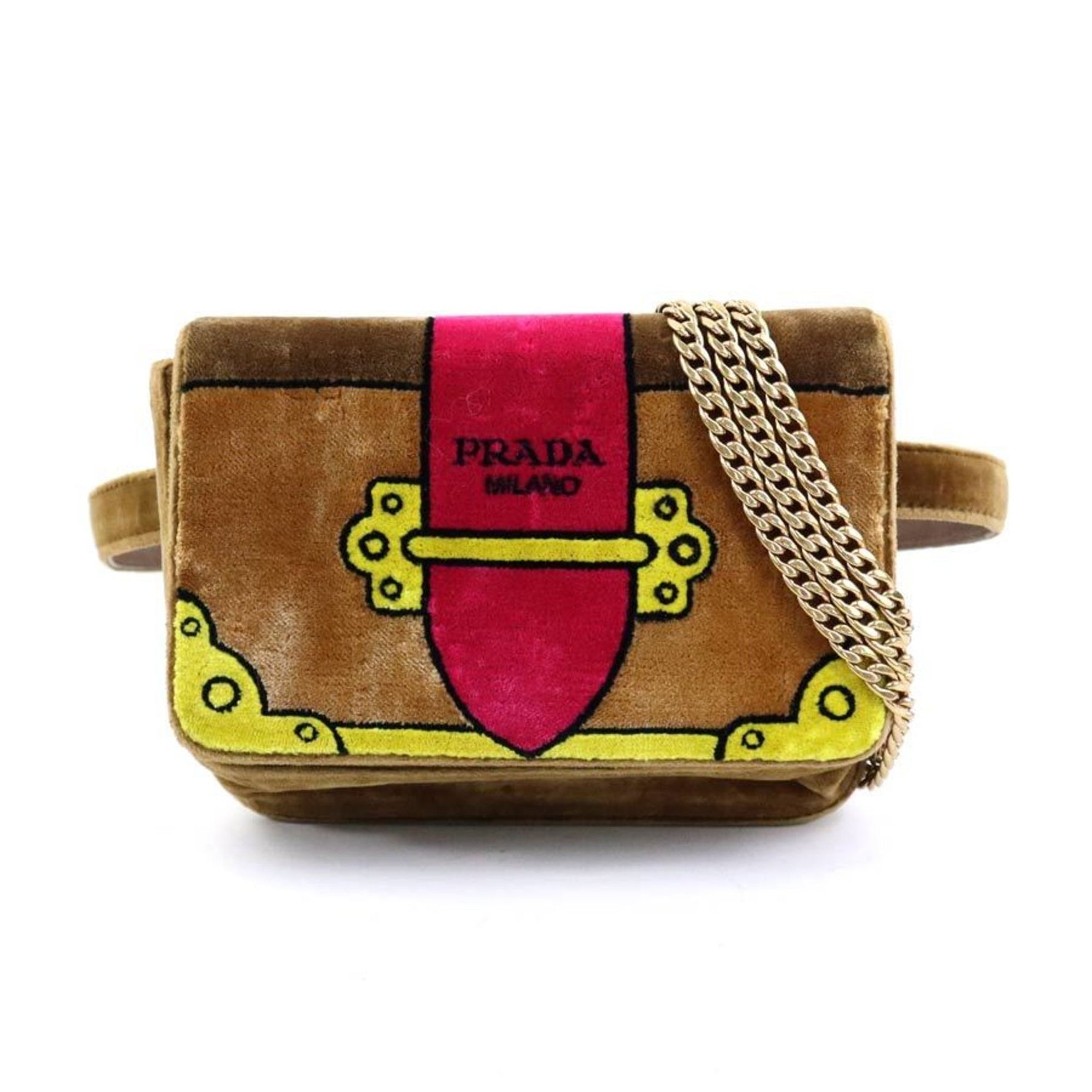 PRADA shoulder bag belt velvet brown magenta yellow gold