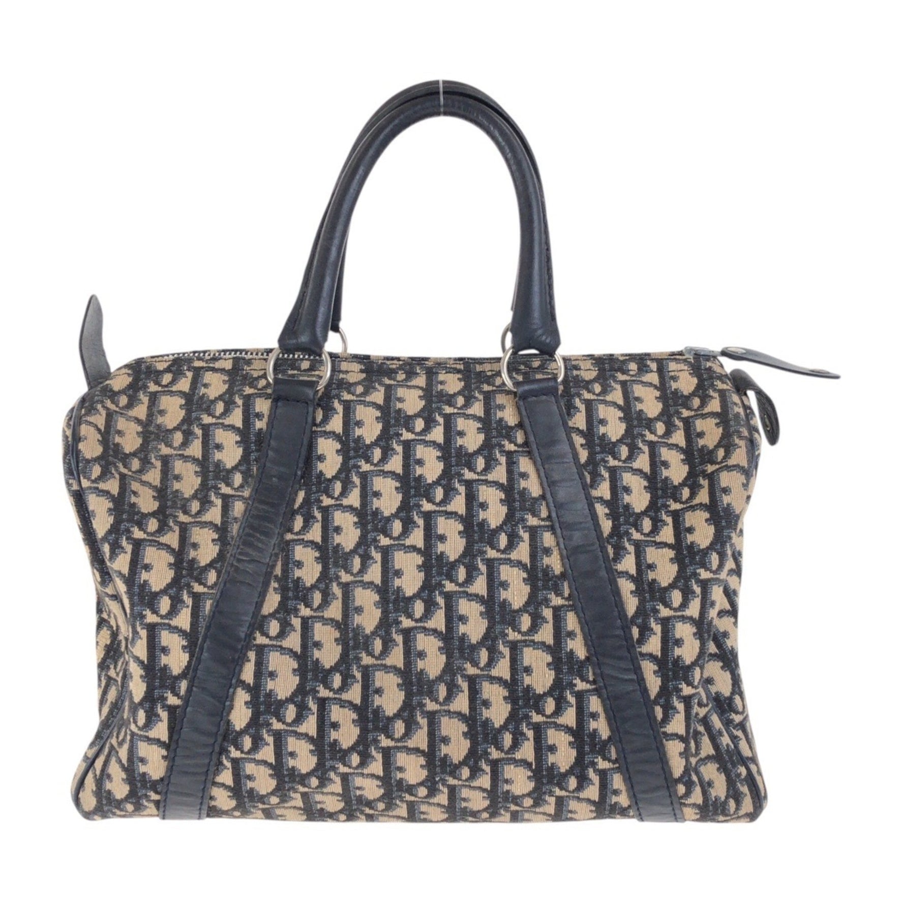 Christian Dior Dior Vintage Trotter navy/beige canvas/leather handbag/Boston bag with silver hardware