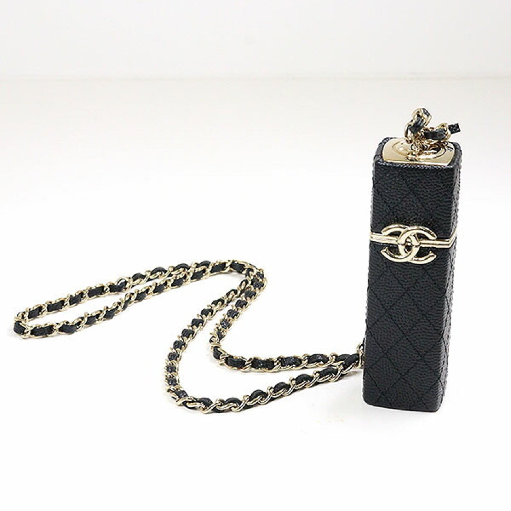 Chanel Lipstick Case with Chain Strap Calf Leather Black/Light Gold Matelasse