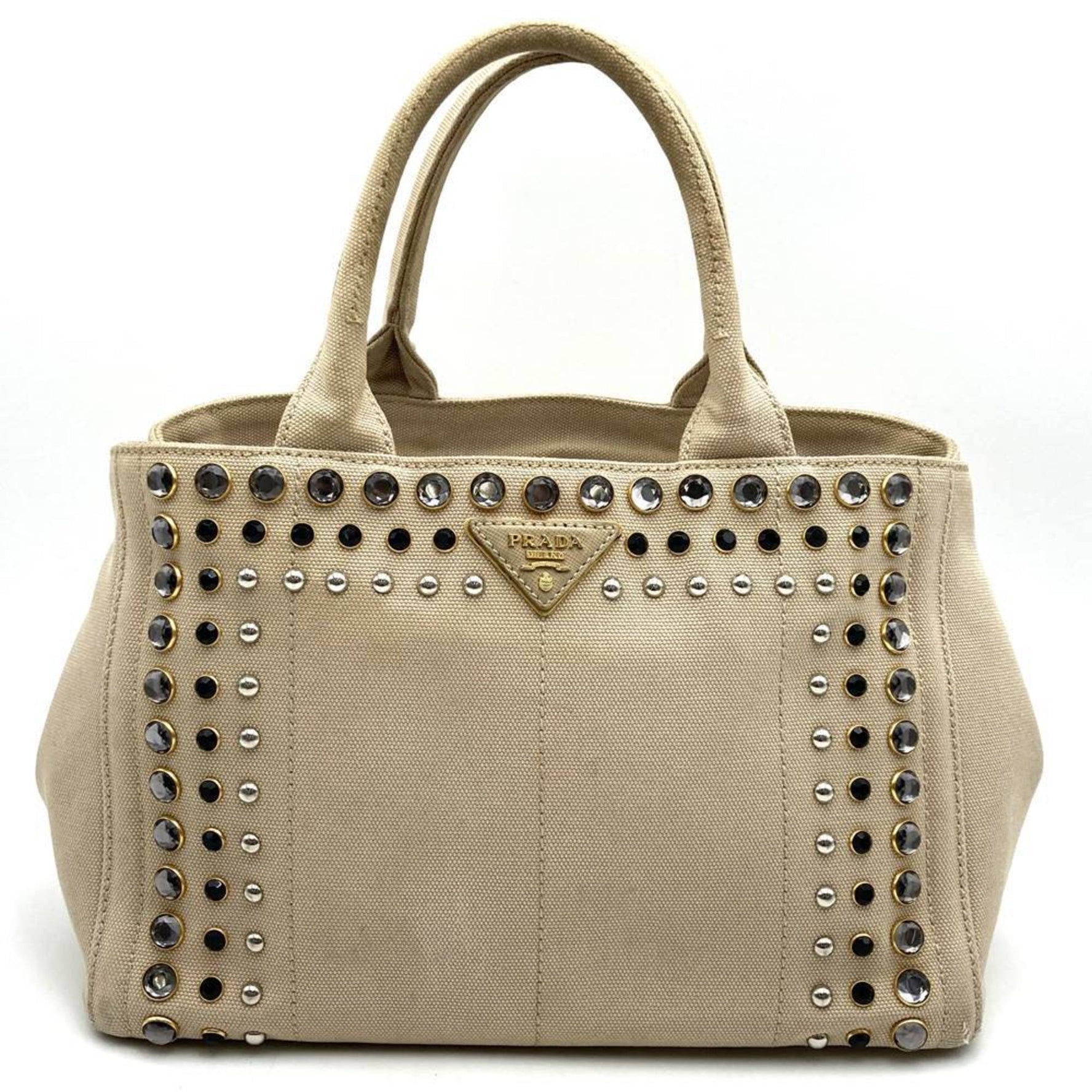 PRADA Canapa Beaded Tote Bag, Handbag, Studded Canvas, Beige, Ivory