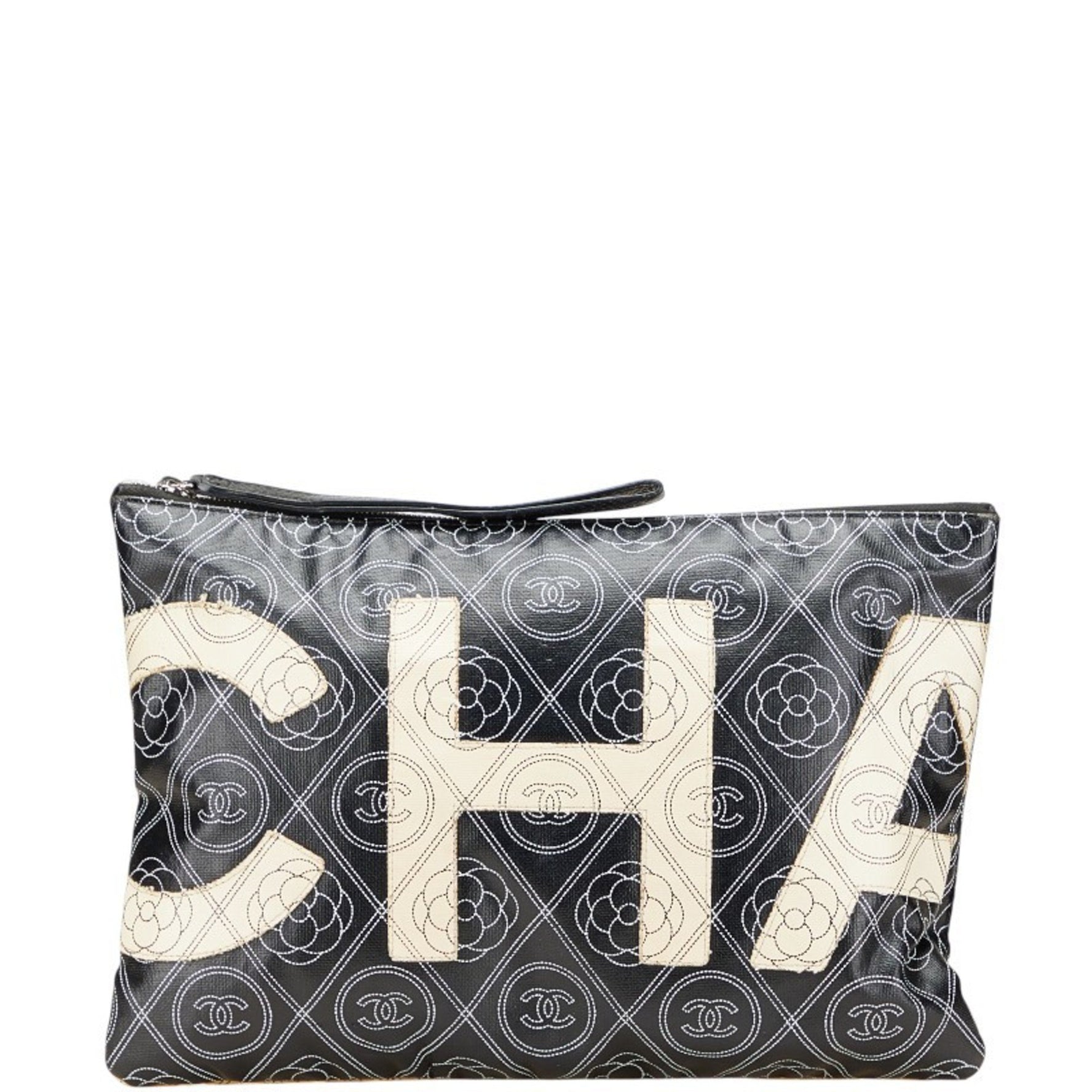 CHANEL Coco Mark Camellia Silver Hardware Clutch Bag Black Beige