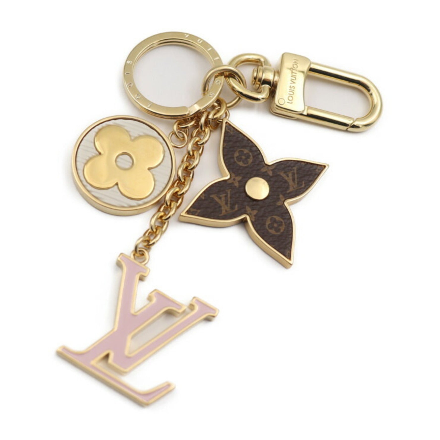 LOUIS VUITTON Spring Street Keychain M01187 Metal Gold Brown Pink White LV Monogram Flower Keyring Bag Charm 2417033008105R1