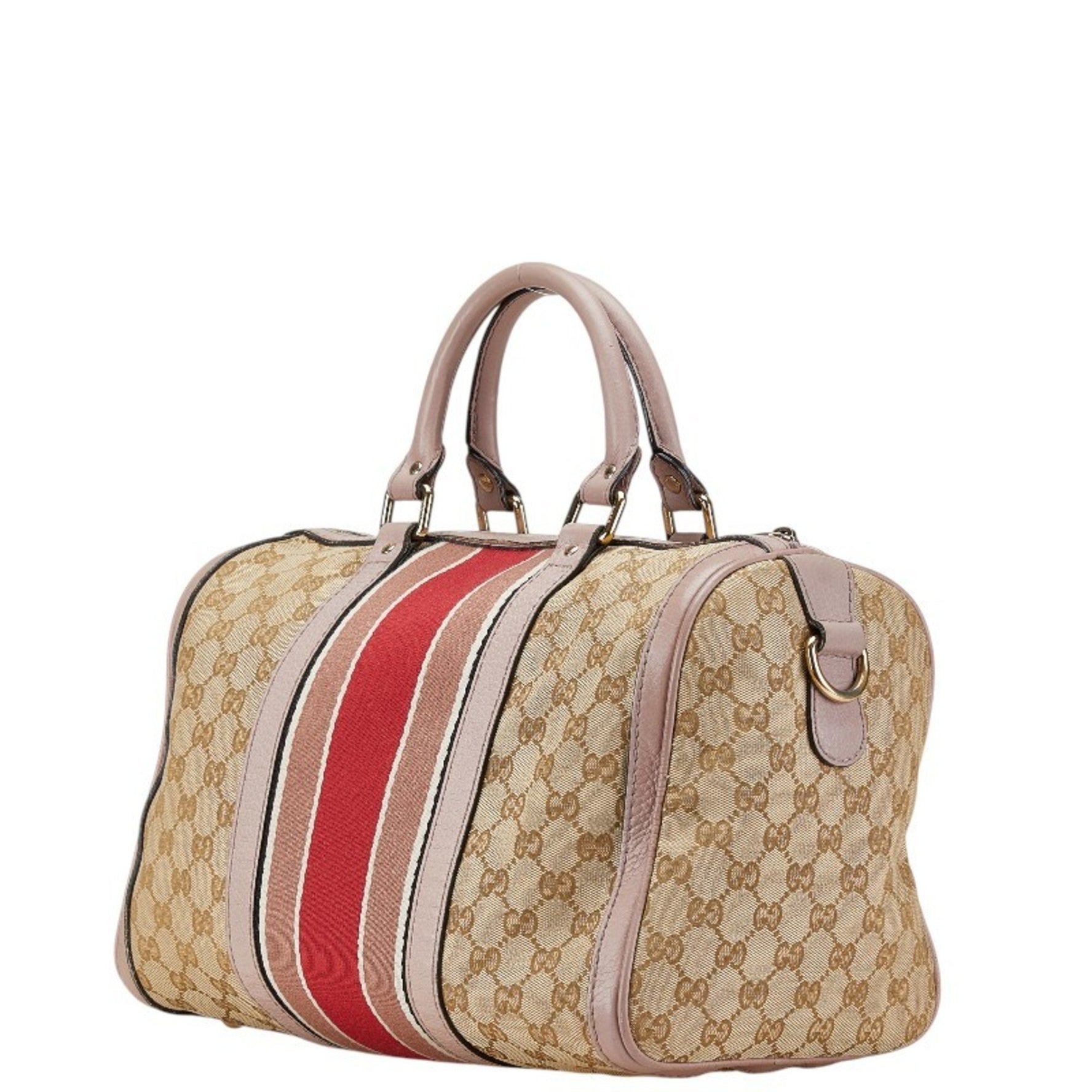 Gucci GG Canvas Sherry Line Shoulder Bag Handbag Beige Pink Leather