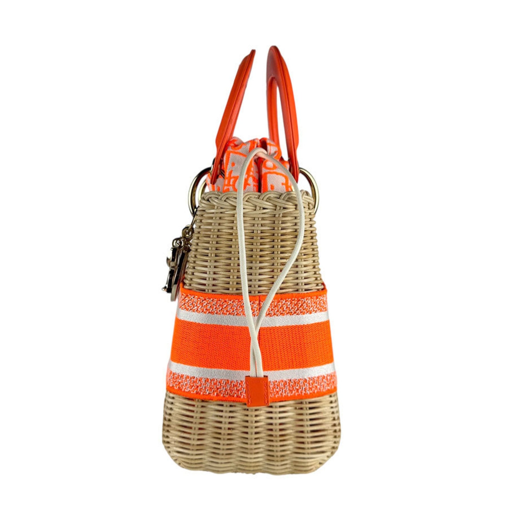 Christian Dior Lady Delight Handbag, Shoulder Bag, Basket Straw Leather Canvas, Neon Orange x Natural