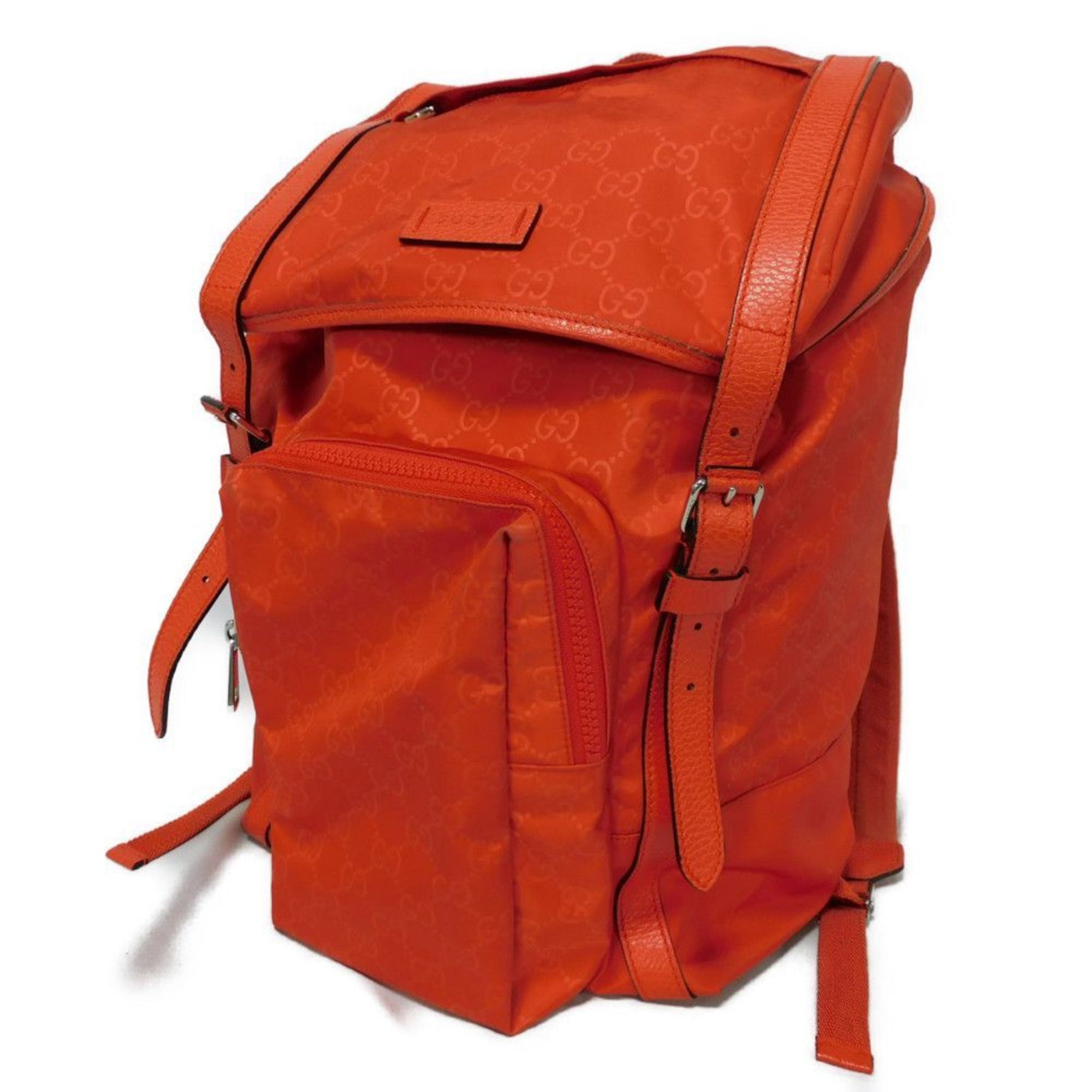 Gucci GG Nylon Daypack with Double G Calfskin Drawstring Embossed Backpack in Orange Red