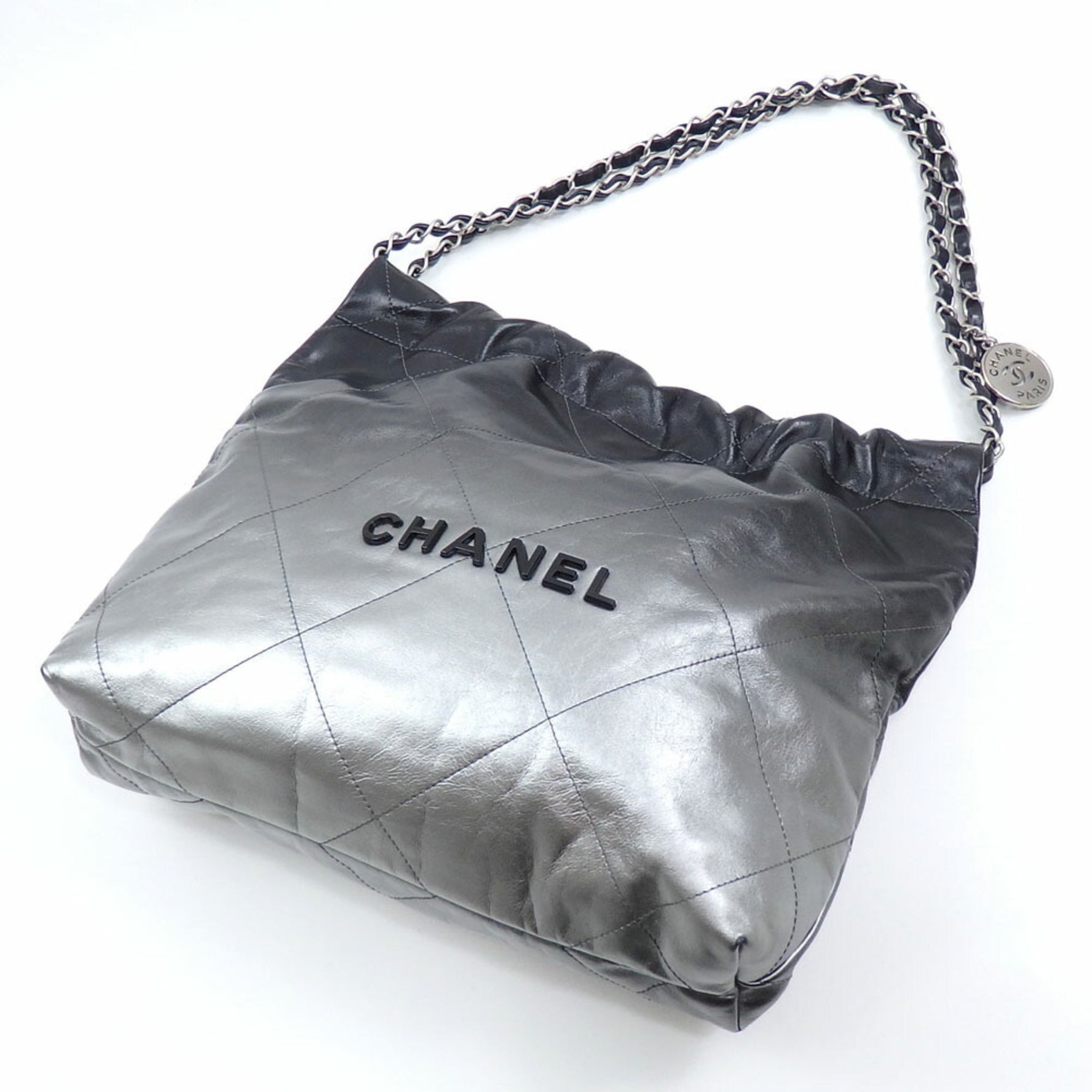CHANEL 22 Small Handbag Silver and Black Leather, Gradient Color