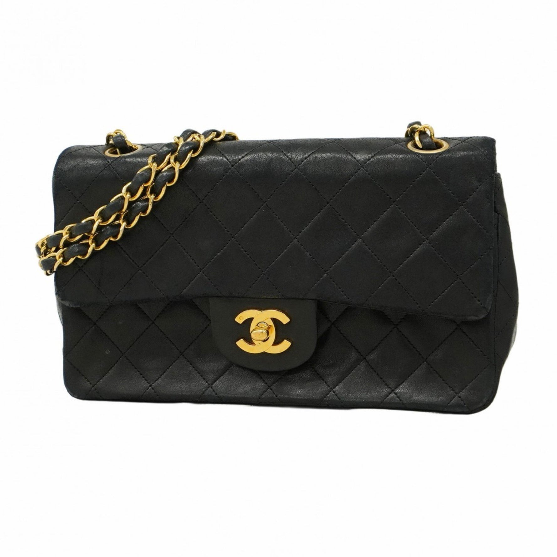Chanel Matelasse Shoulder Bag with Double Flap and Chain, Lambskin, Black, Women's