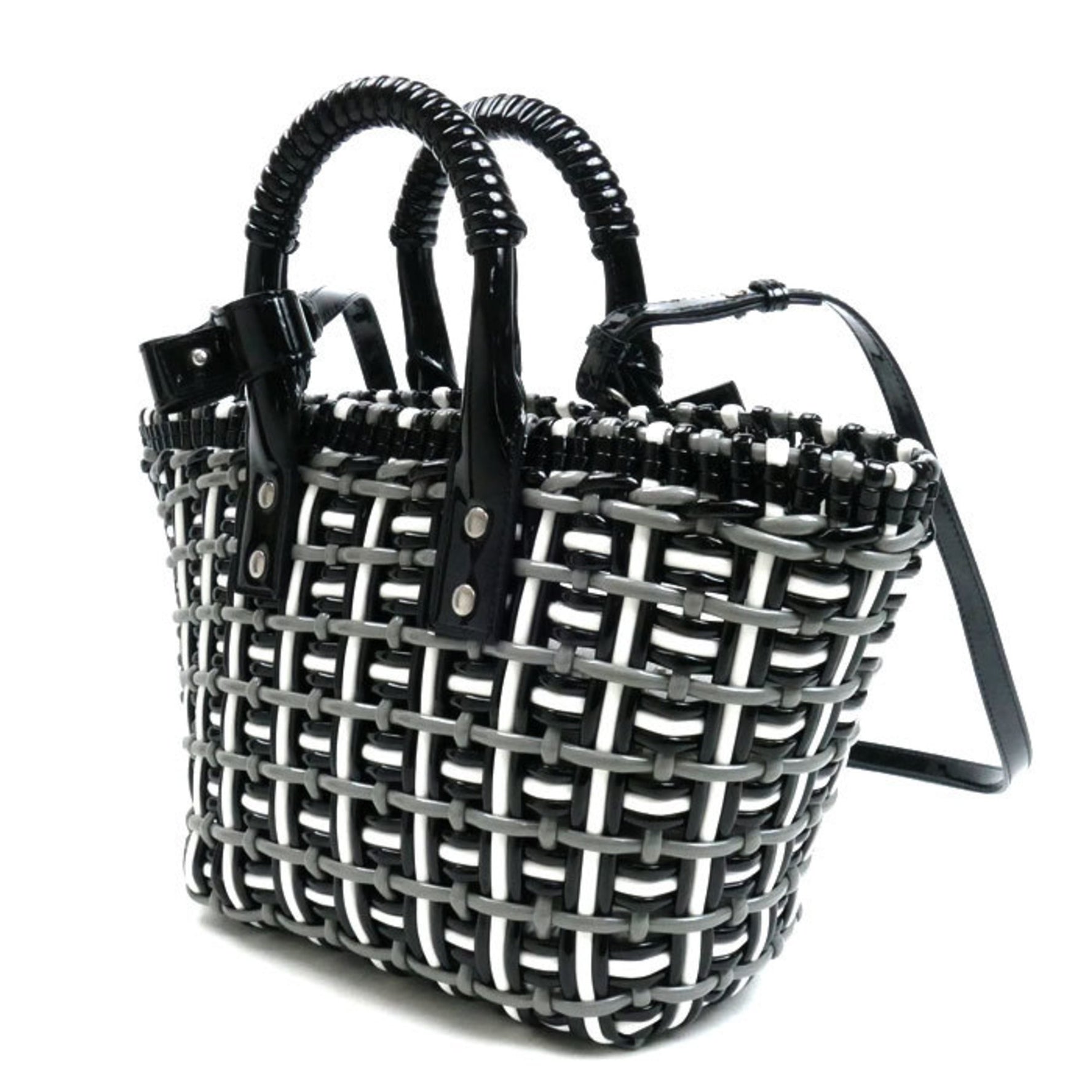 BALENCIAGA Bistro Basket Bag XS Shoulder Handbag Black x White Grey 2IE6Y Women's