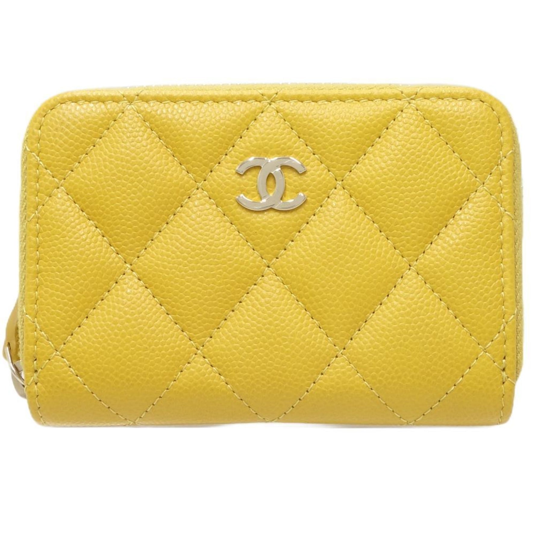 CHANEL Classic Zip Coin Purse Matelasse AP0216 Case Caviar Skin Yellow