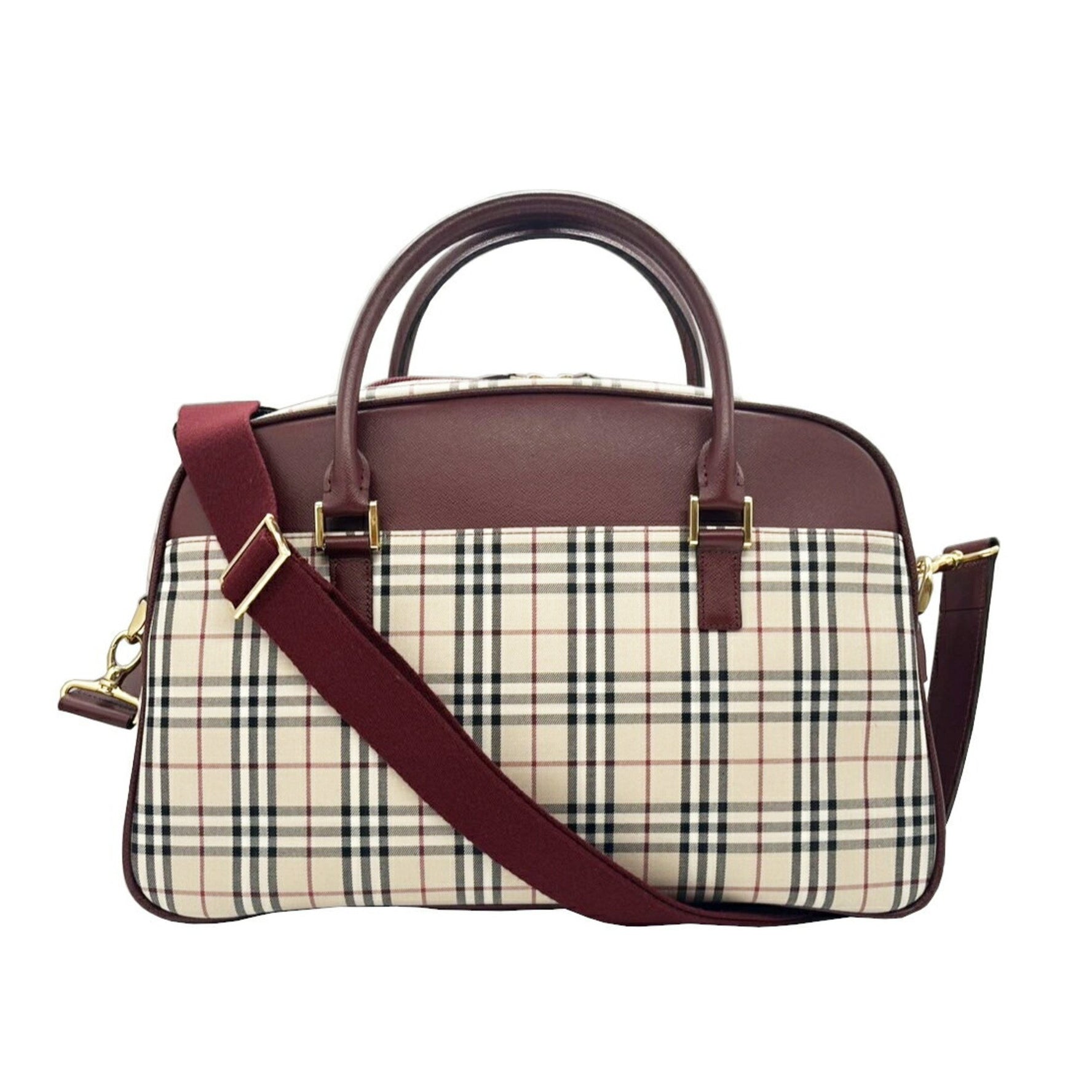 BURBERRY Nova Check Boston Bag in Beige and Wine Red Canvas Leather Shoulder Women