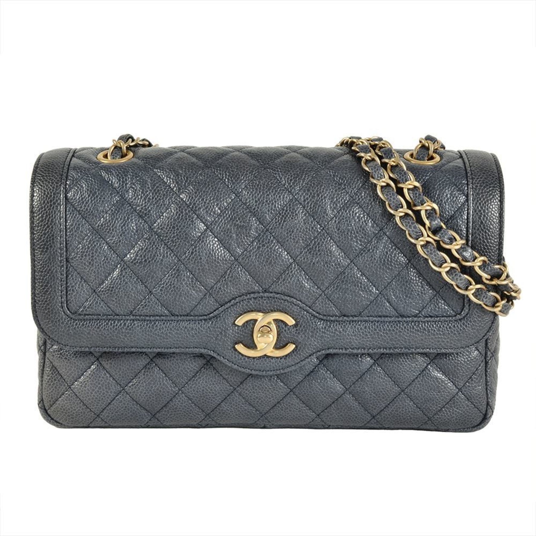 CHANEL Matelasse Double Chain Shoulder Bag Caviar Skin Coco Mark Grey Single Flap