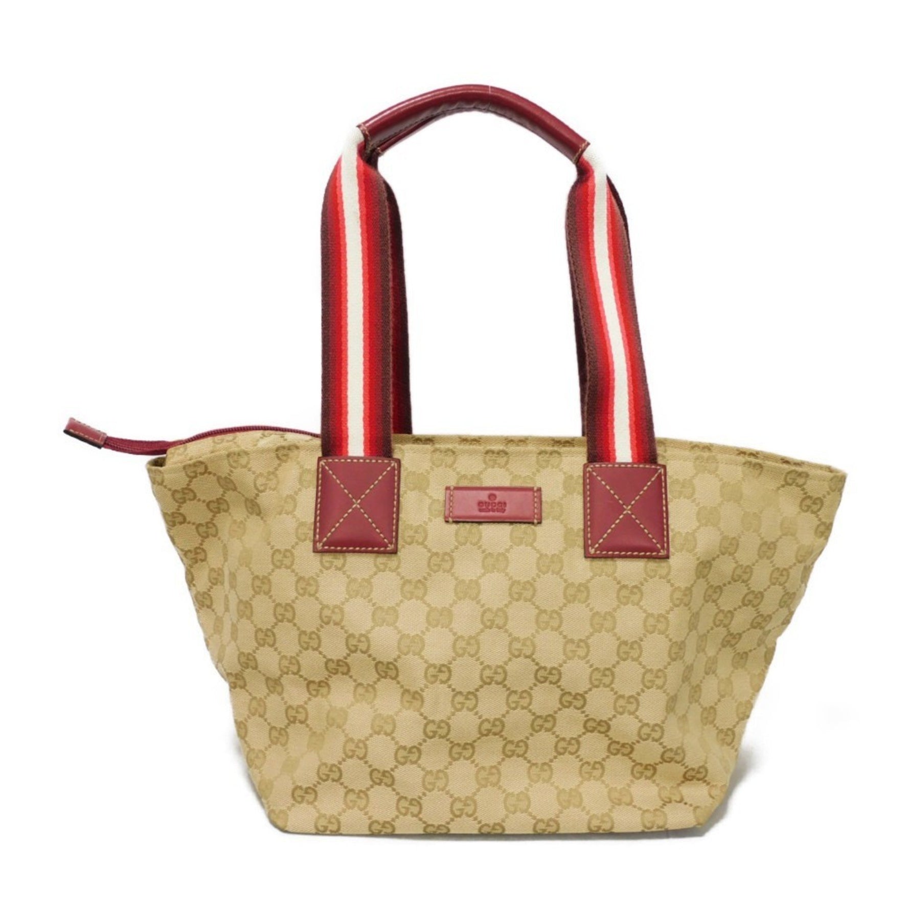 GUCCI Tote Bag Web Stripe Embossed Leather Patch Double G Red GG Canvas Beige Men's Women's