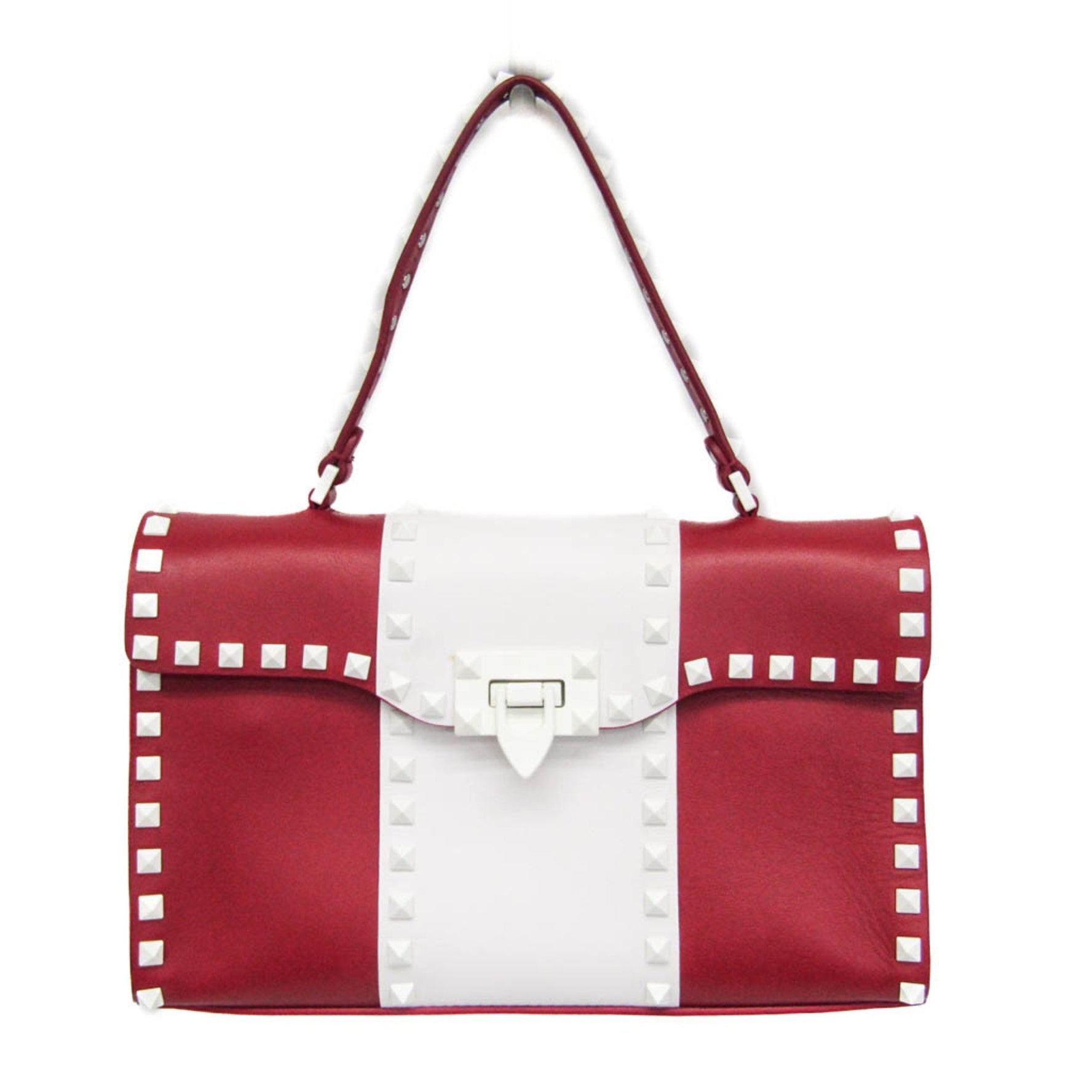 Valentino Garavani Spike Lockstuds Single Handle Bag Leather Handbag,Shoulder Bag Red Color,White