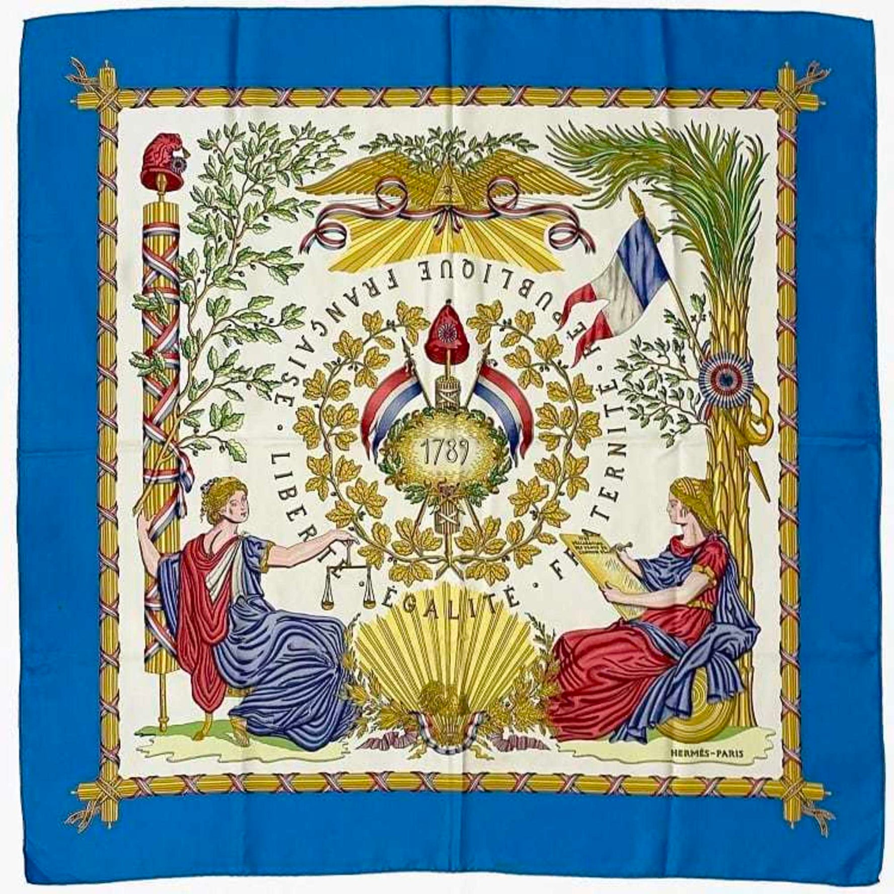 Hermès Carré 90 Scarf in Blue and White, Commemorating the French Revolution. Large, 100% Silk. HERMES FRATERNITE REPUBLIQUE FRANCAISE 1789. Available Women.