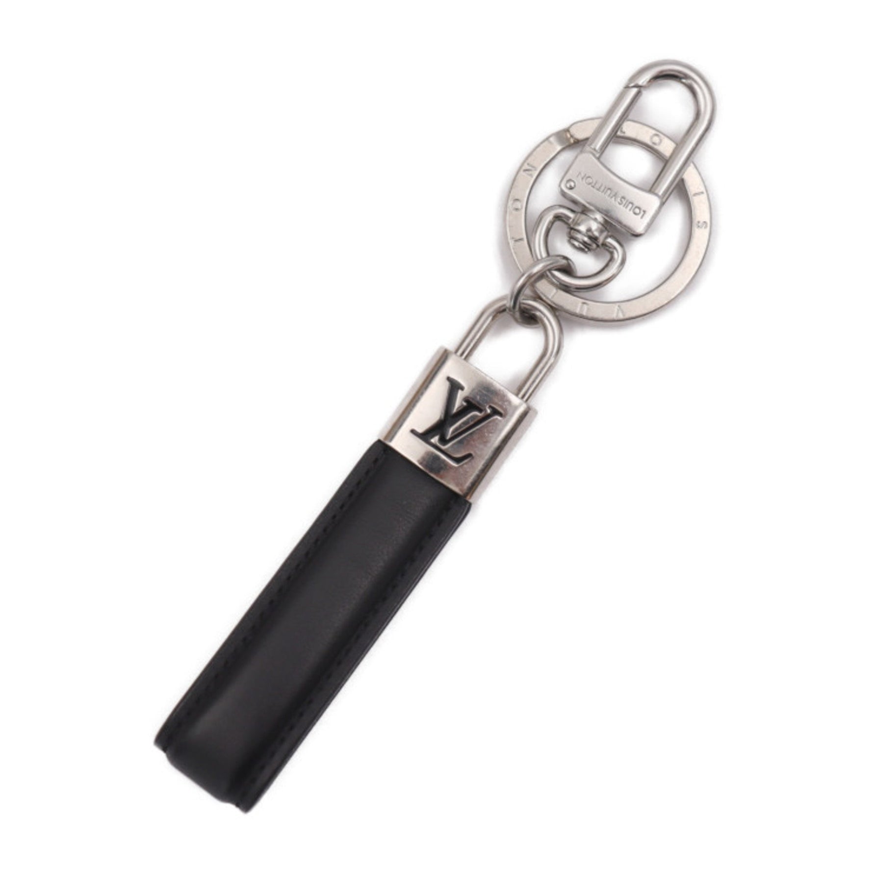 Louis Vuitton Dragonne LV Padlock Keychain Leather Metal Silver Keyring