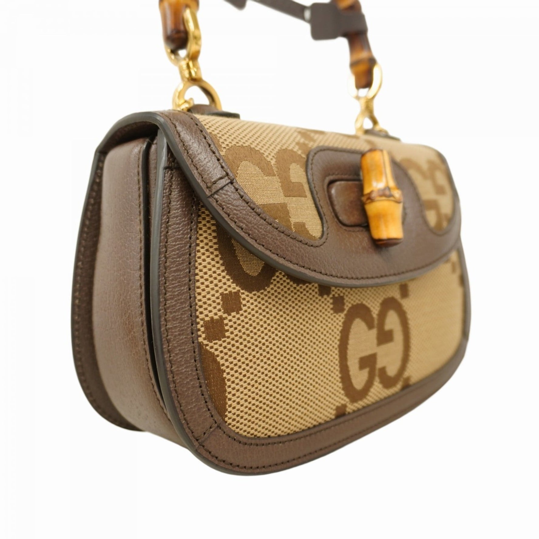 Gucci Bamboo Jumbo GG Handbag Canvas Leather Beige Brown Bag