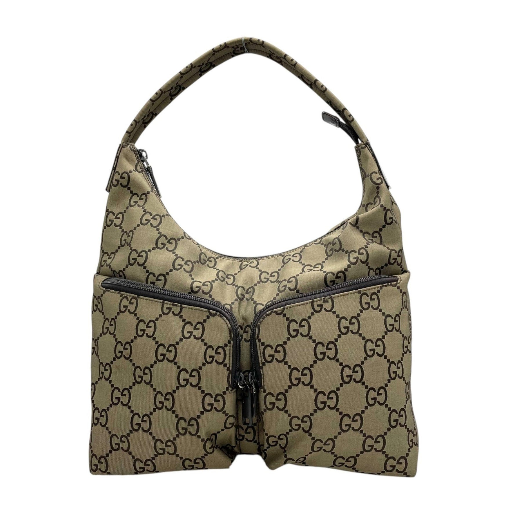 GUCCI GG Canvas One-Shoulder Bag, Handbag, Khaki Brown and Leather, Silver Hardware, Pattern, Double Pocket, Women's, K6