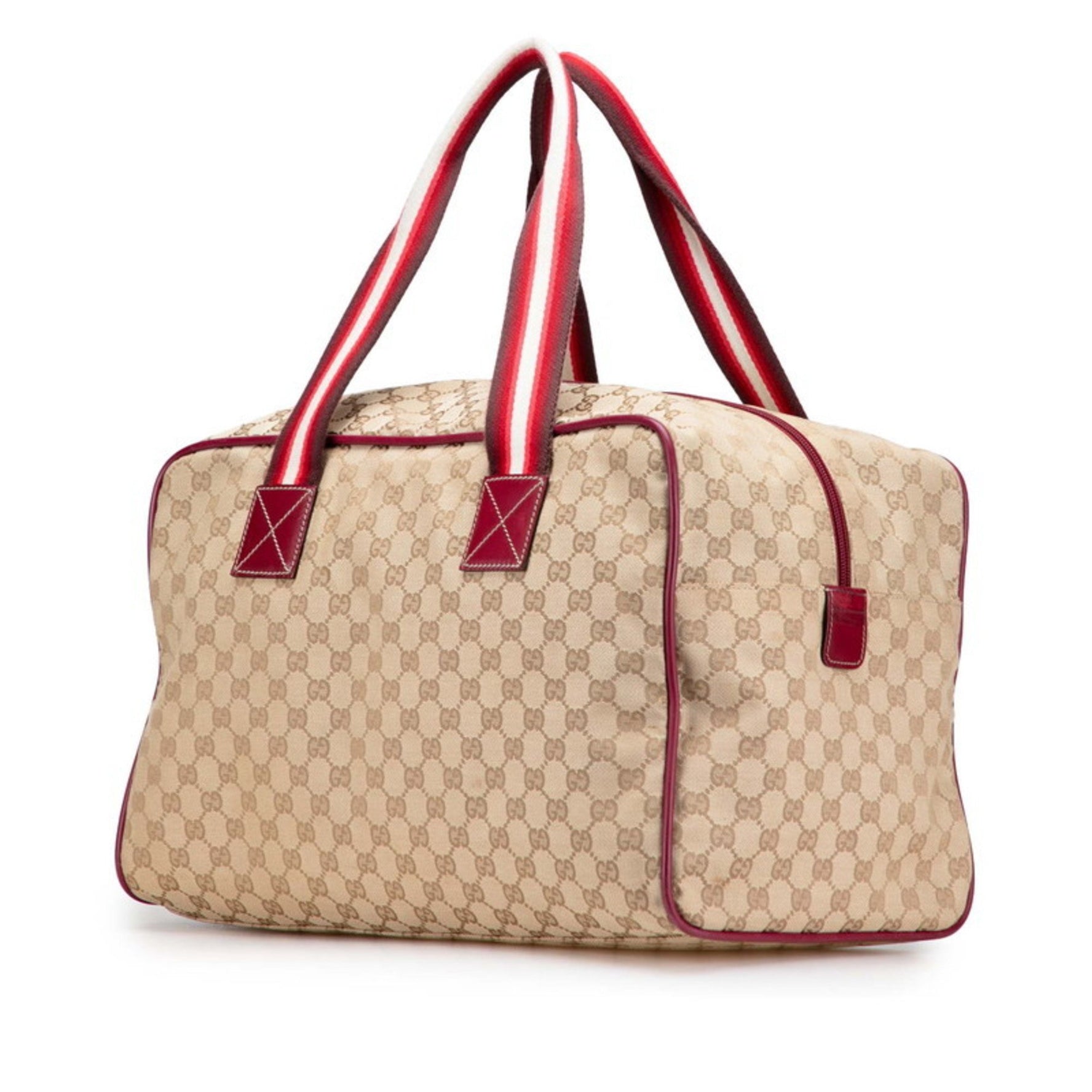 Gucci GG Canvas Boston Bag Beige Red Leather
