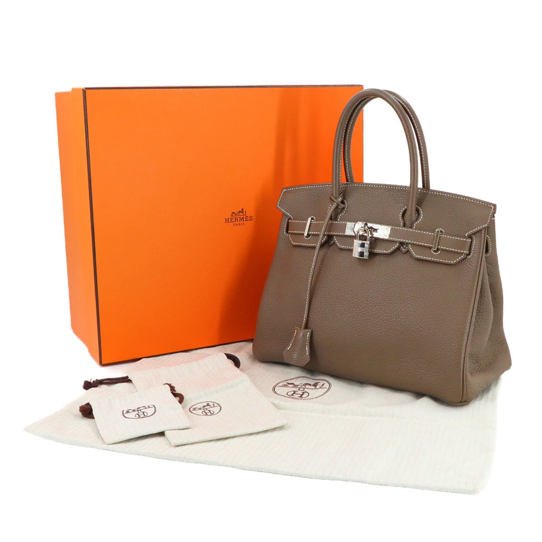 Hermes Hermès Birkin 30 Taurillon Clemence Etoupe Handbag with T Stamp and Silver Hardware