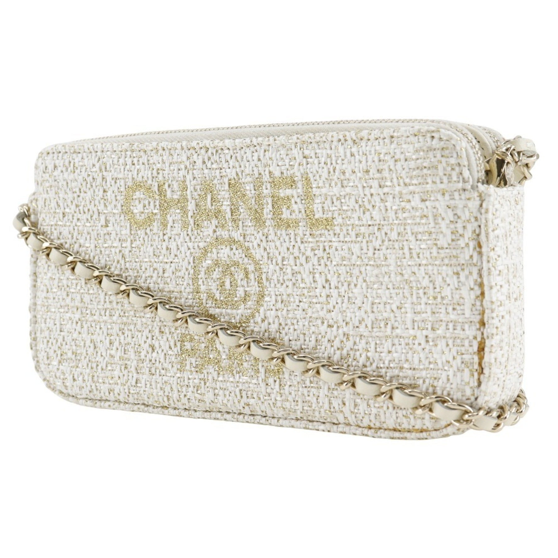 CHANEL Deauville Chain Shoulder Bag Clutch A84415 Tweed White 2way ChainShoulder Women's