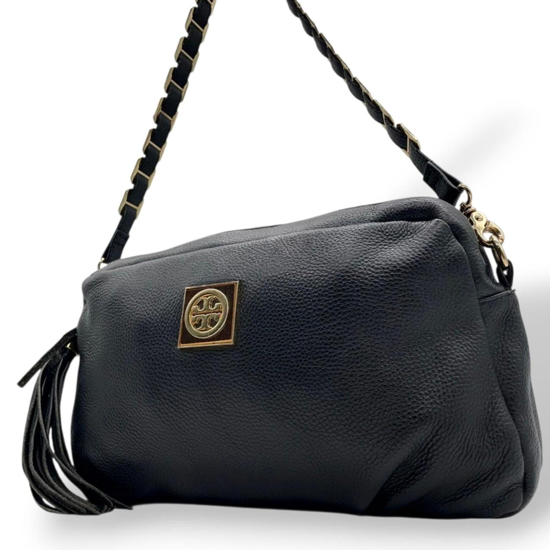 TORY BURCH Shoulder Bag/Handbag, Chain Bag with Tassel and Fringe, Leather Gold Hardware, Size
