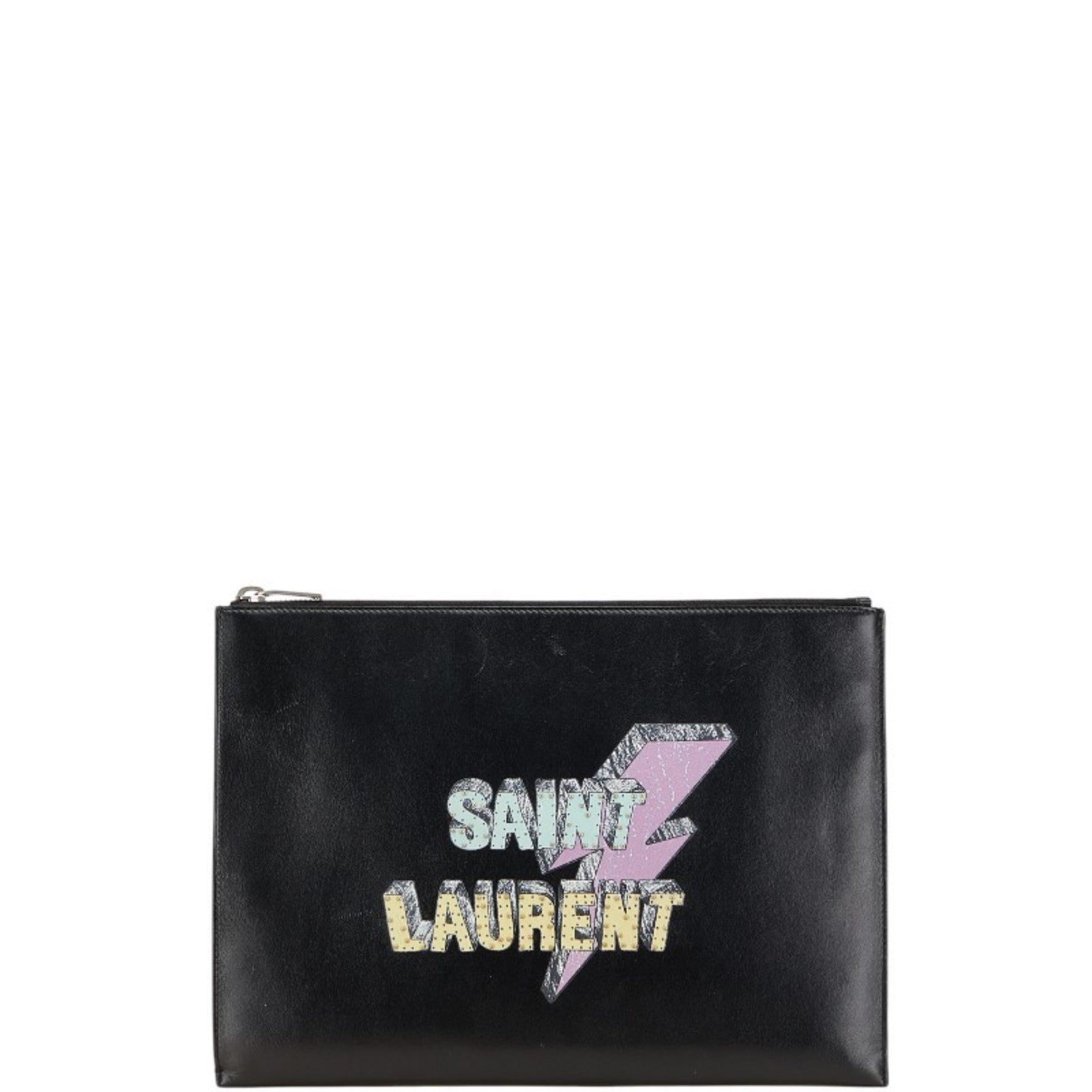 Saint Laurent logo print studded iPad tablet case clutch bag in black and multicolored leather .