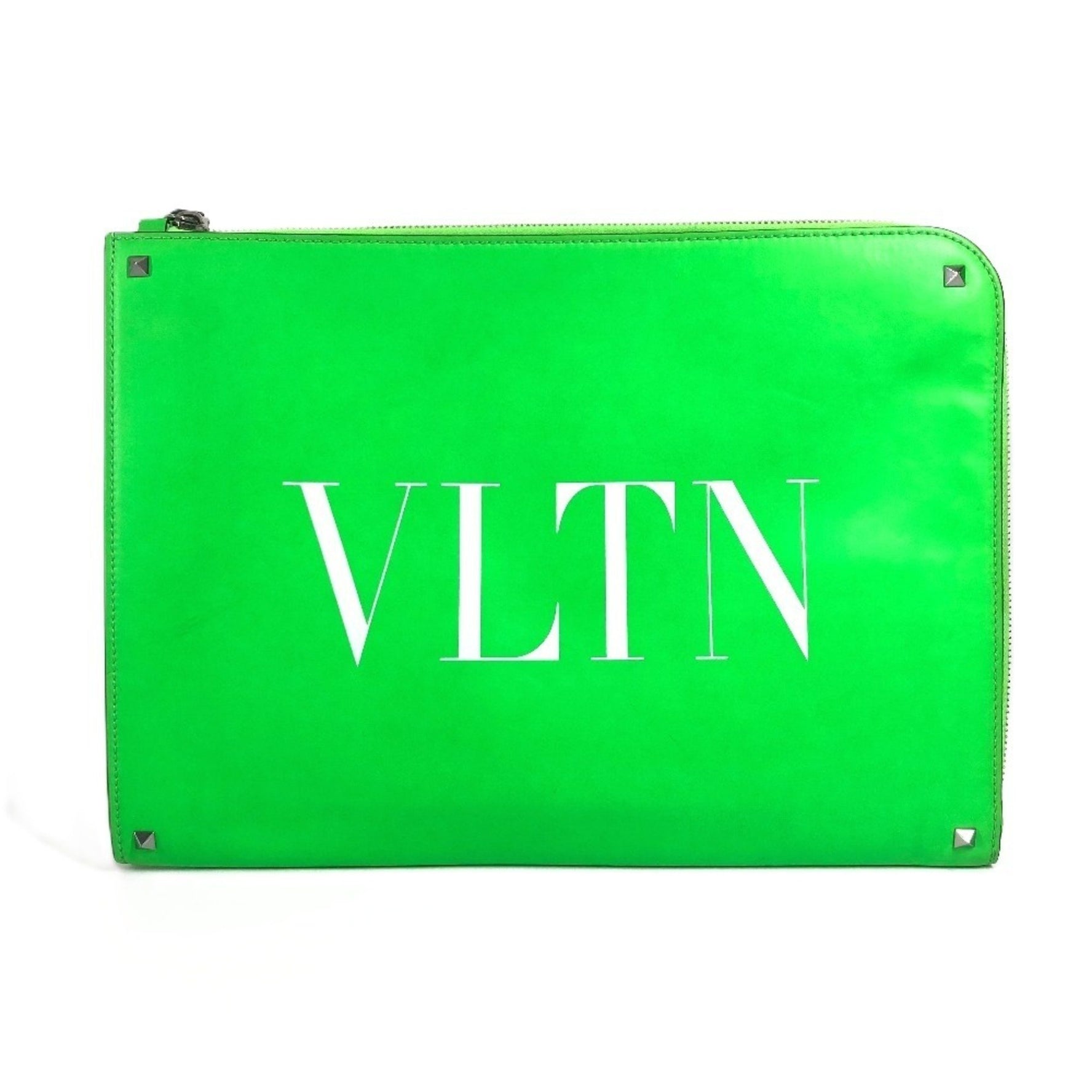 Valentino Garavani Logo Bicolor Pouch Bag Clutch Leather Men Women Green