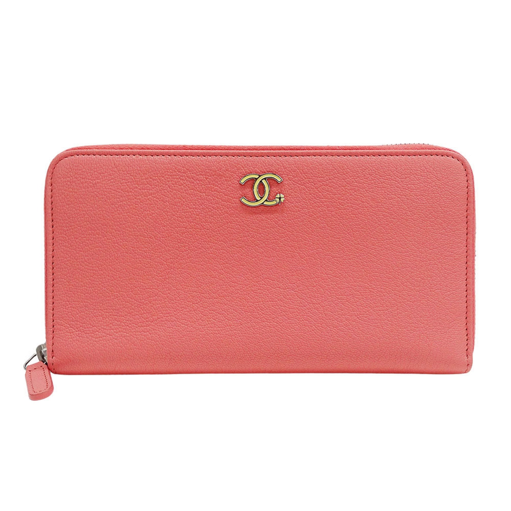 Chanel Long Wallet with Lucky Clover Design, Salmon Pink Leather, Round Zipper, Floral Print