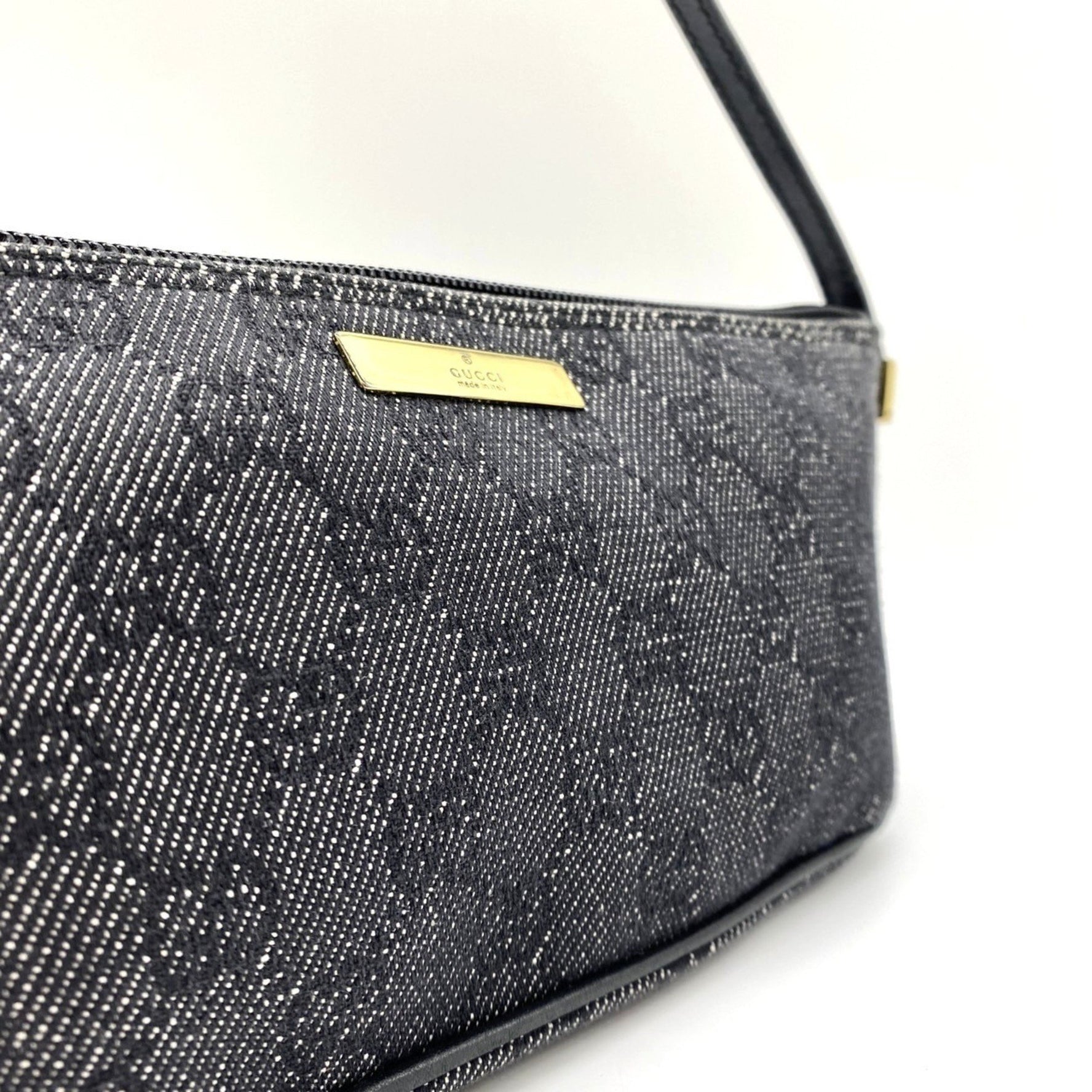 GUCCI 07198 Pouch Handbag in Black and Gray Denim with GG Canvas Leather.