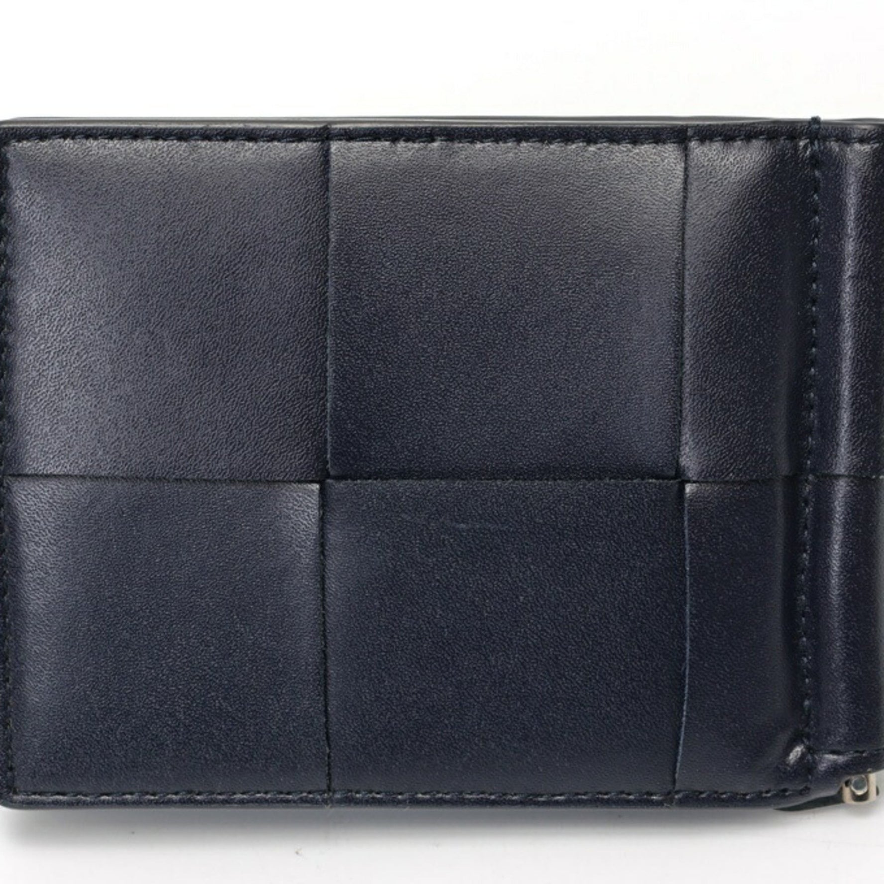 Bottega Veneta Cassette Bi-fold Wallet with Money Clip Intrecciato Calf Leather Navy Khaki