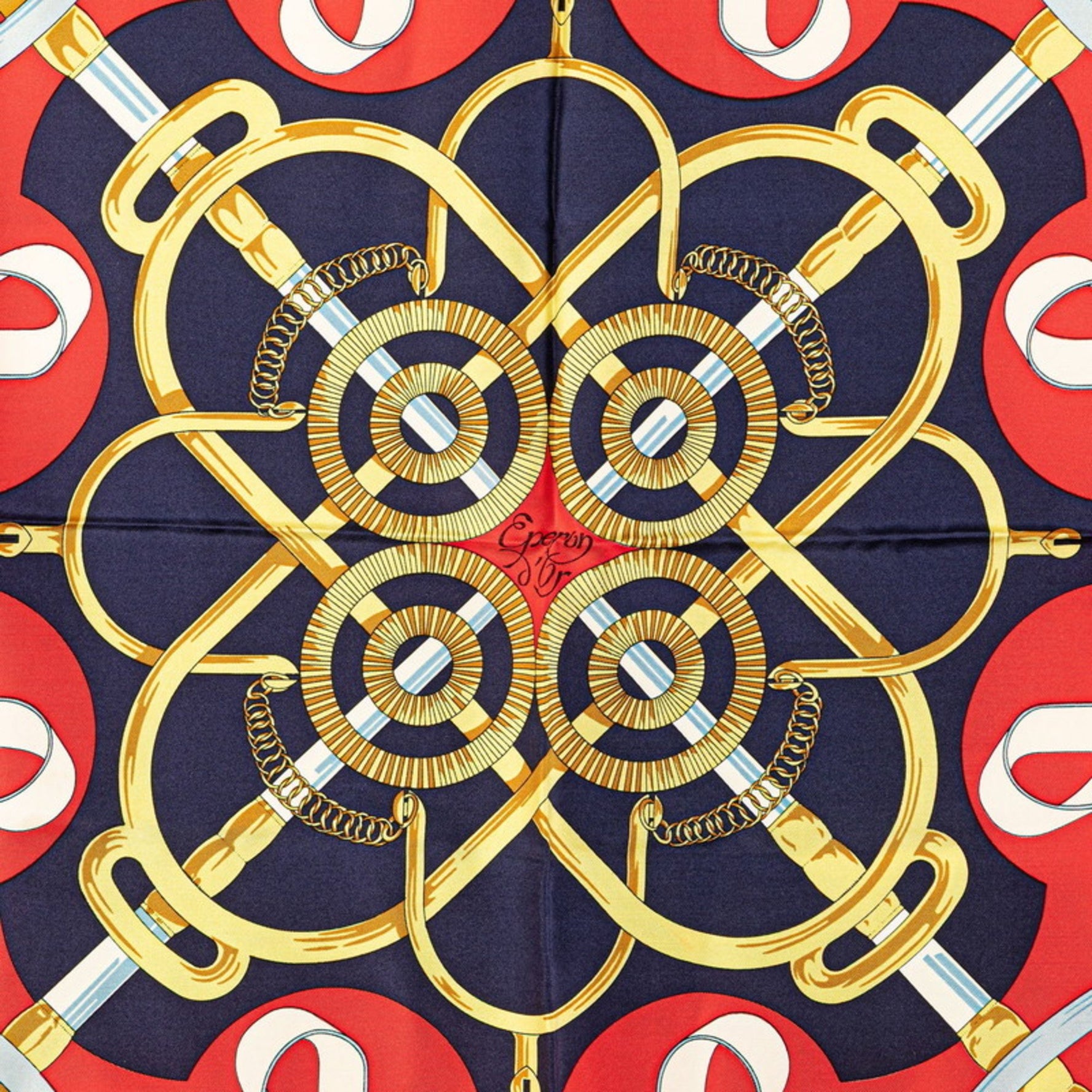 Hermes Hermès Carré 90 Eperon d'or Golden Spur Scarf, Navy and Multicolor Silk