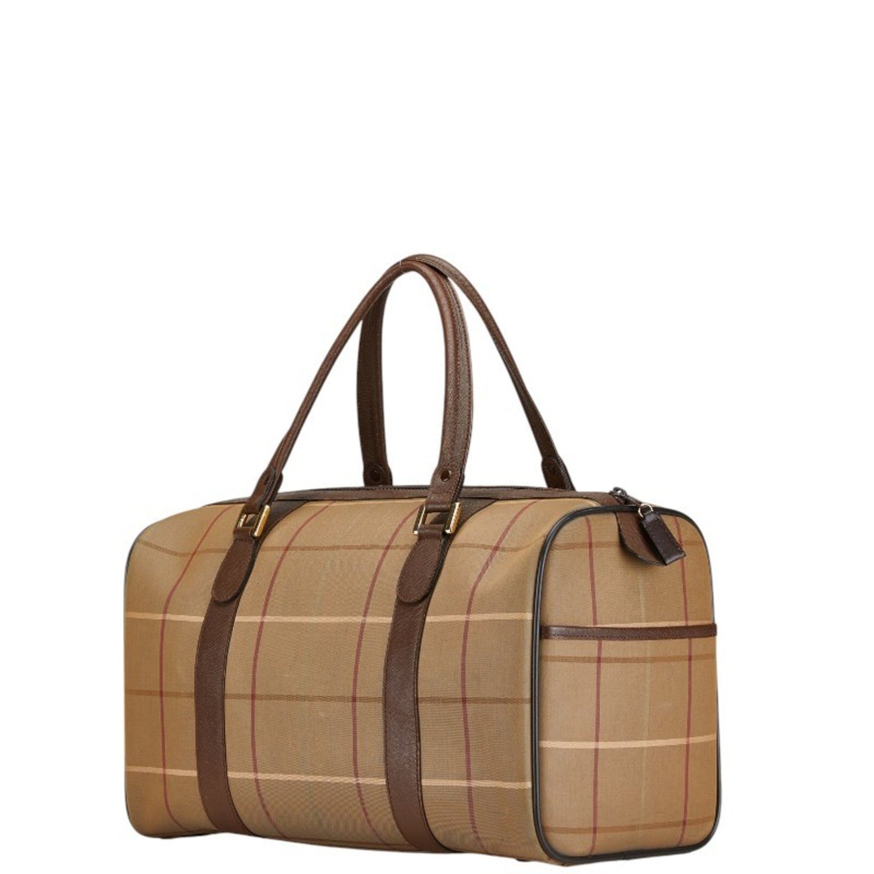Burberry Check Boston Bag Travel Khaki Green Brown Leather Canvas
