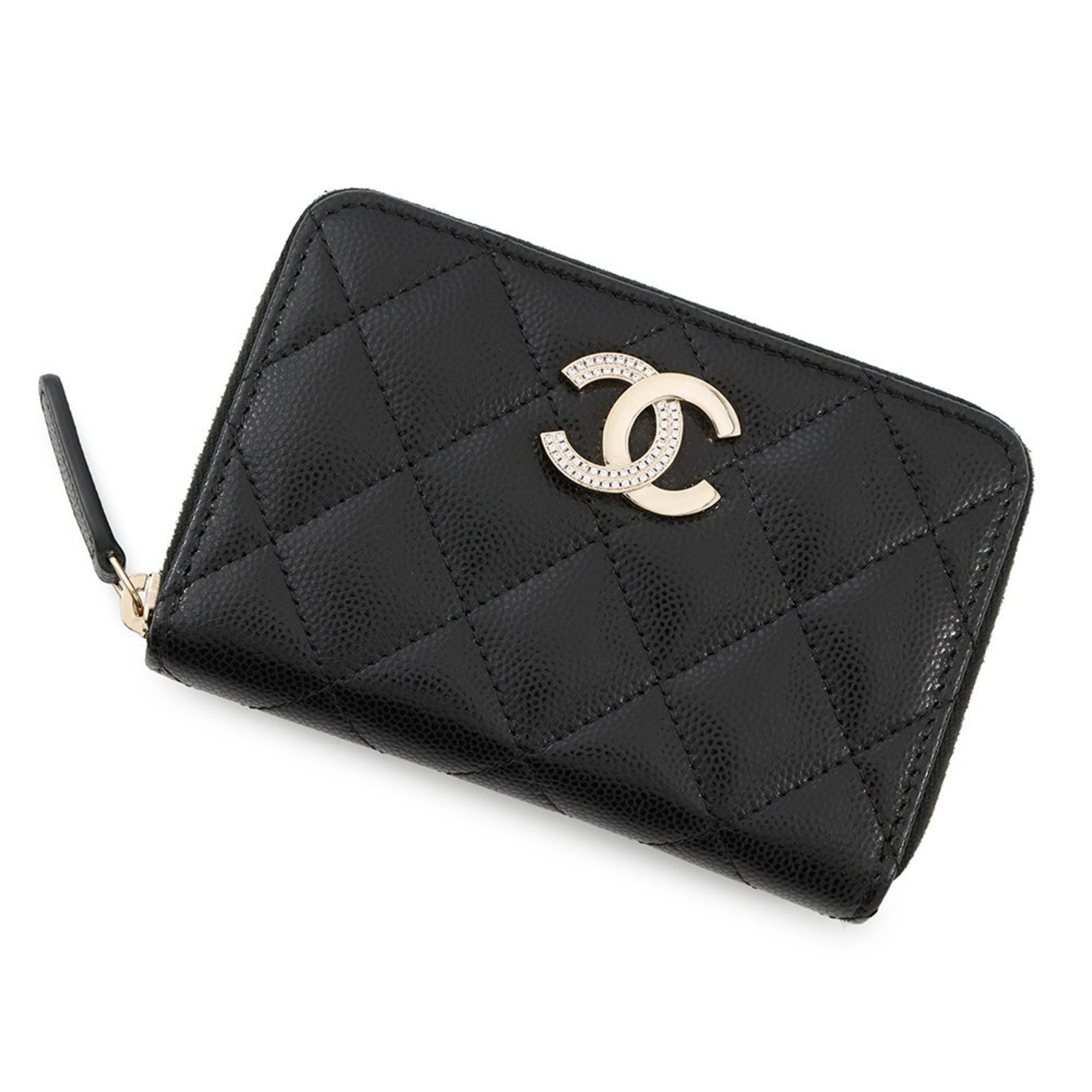 Chanel Wallet/Coin Case, Coco Mark Matelasse Zip Coin Purse with Rhinestones and Caviar Leather