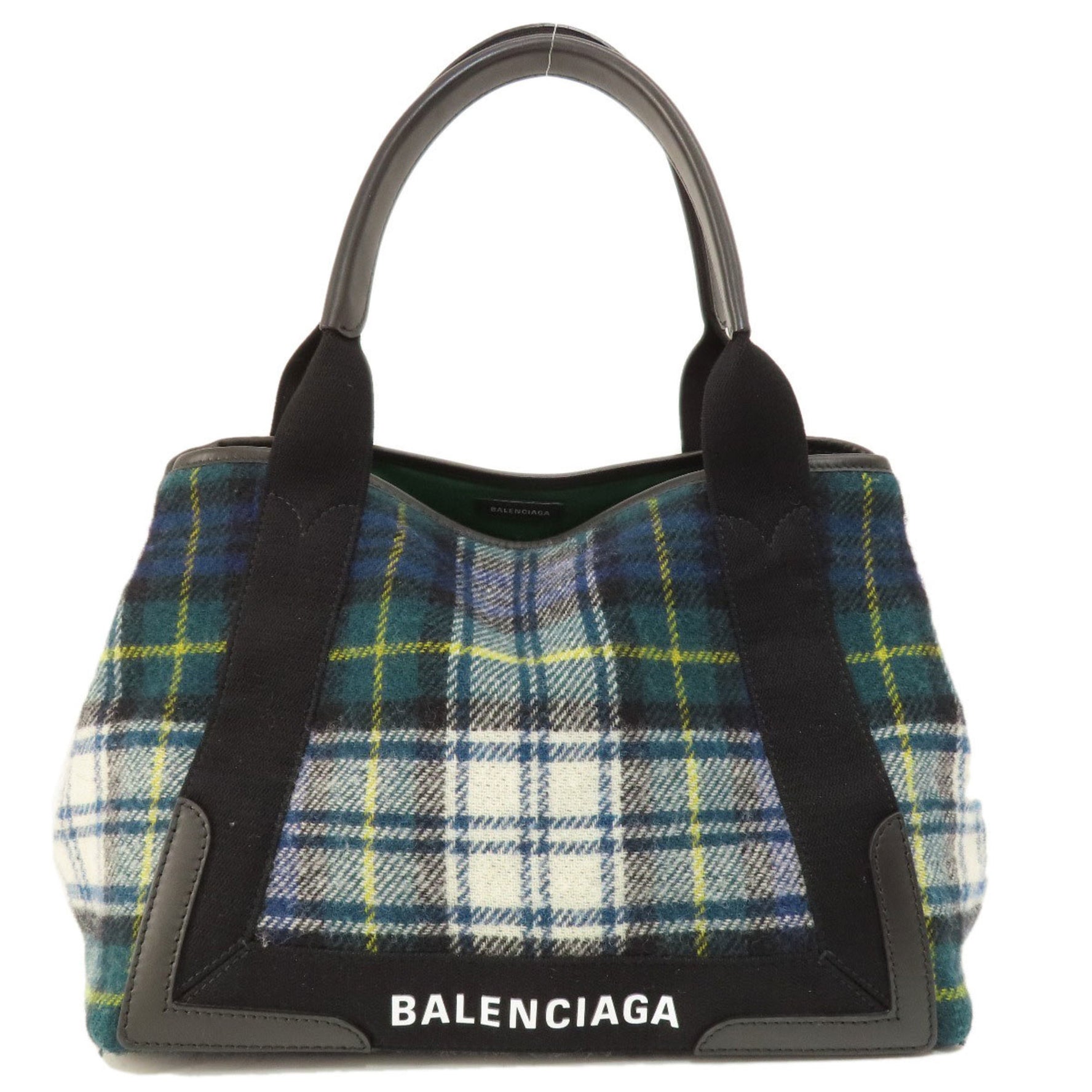 Balenciaga Navy Cabas Checkered Handbag Wool