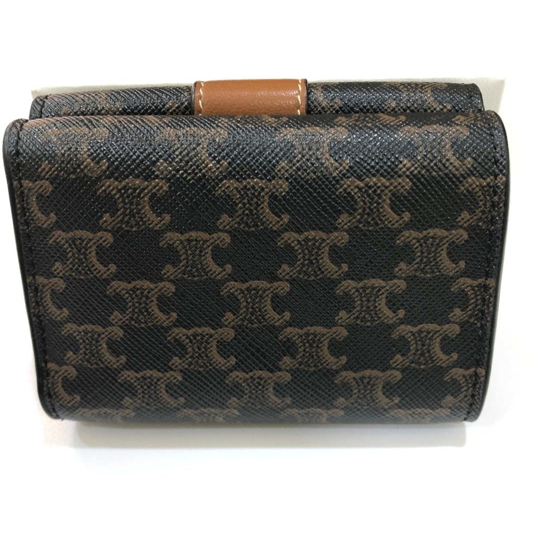 CELINE Triomphe Small Trifold Compact Wallet, PVC/Leather, Brown