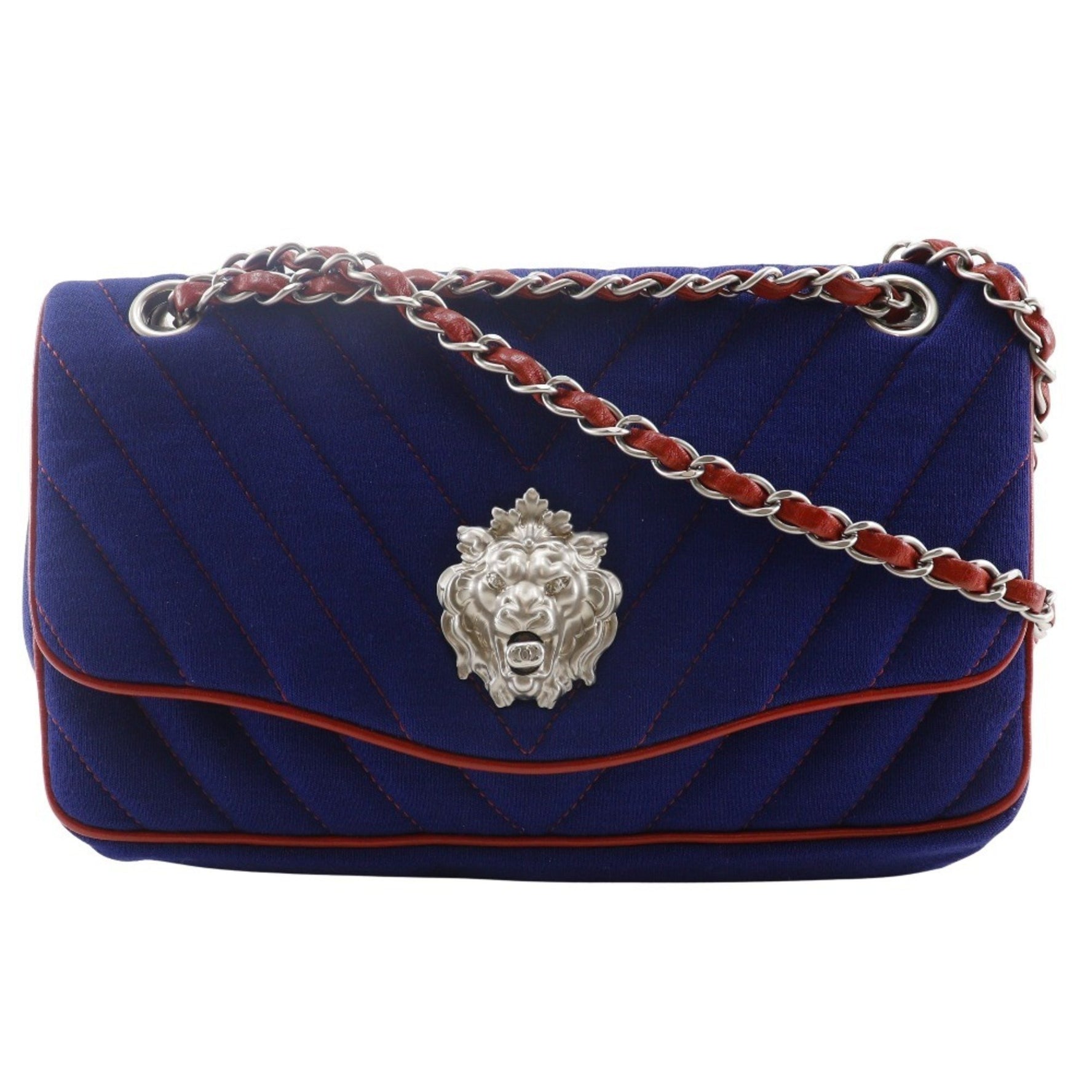 CHANEL Double Chain Shoulder Bag, V-Stitch, Lion Chevron, Cotton, 2010, Navy/Red, Turnlock