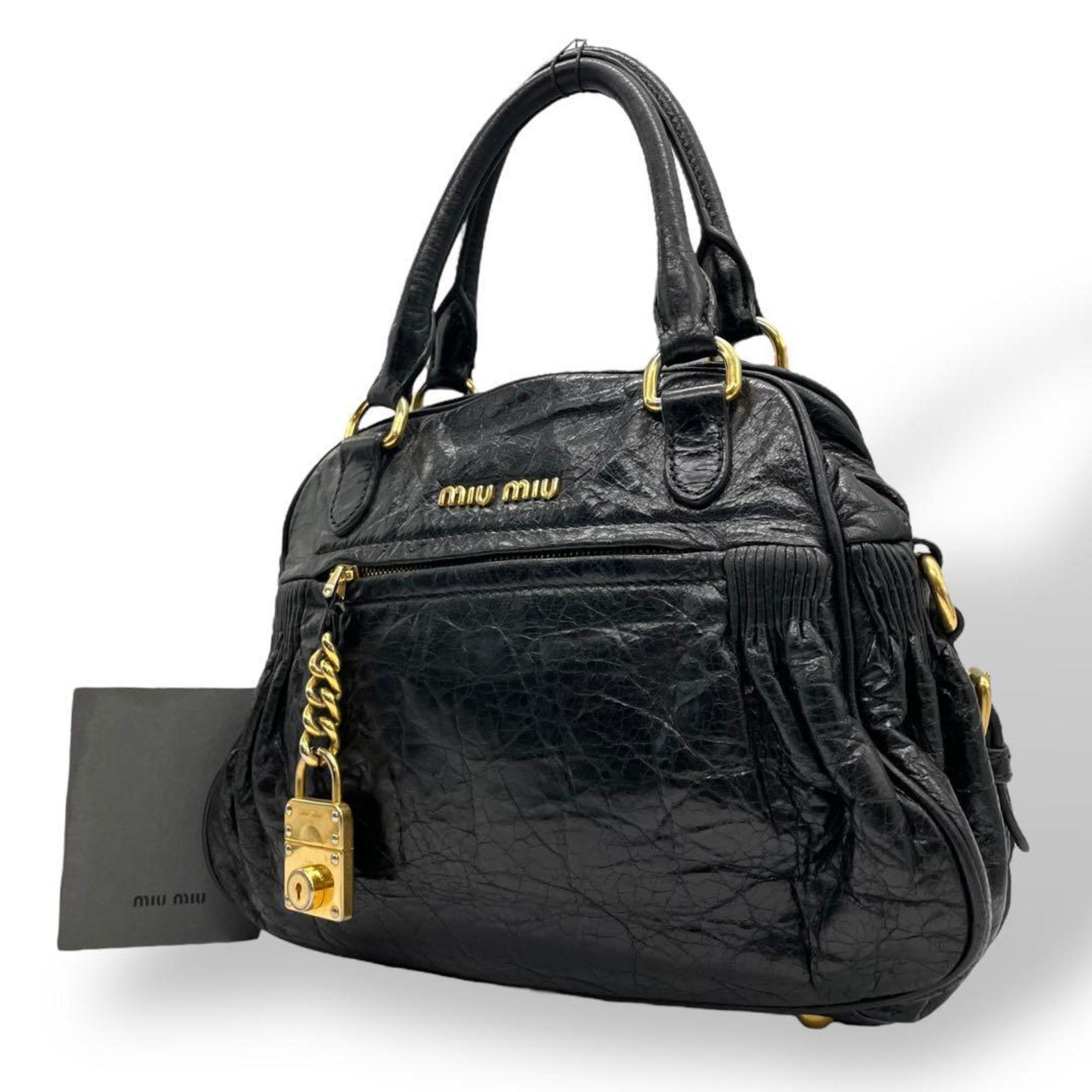 Miu Miu Miu Handbag, Nappa Leather, Padlock Charm, Gold Hardware, Compact Tote Bag, Archive