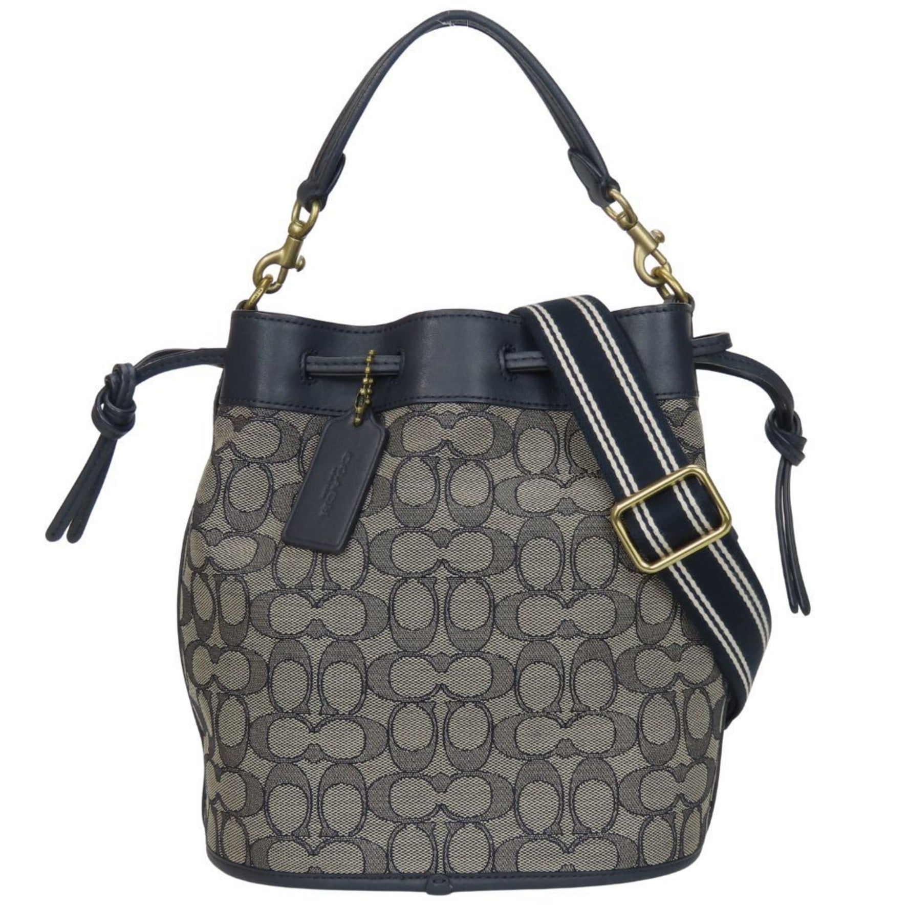 Coach Shoulder Bag Field Bucket Signature Canvas Leather Navy Grey