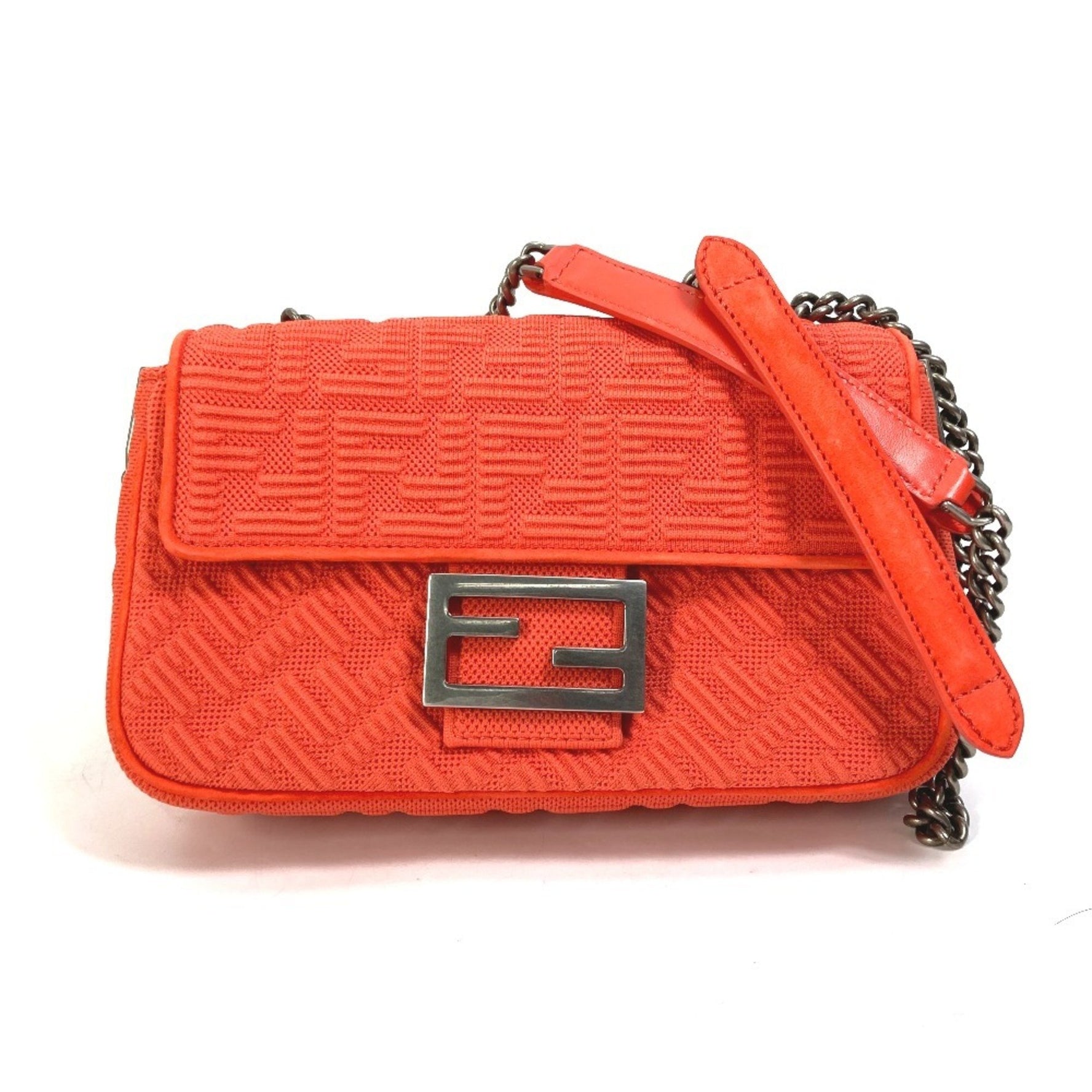FENDI Baguette Chain Midi Double Shoulder Bag in Canvas/Leather, Red