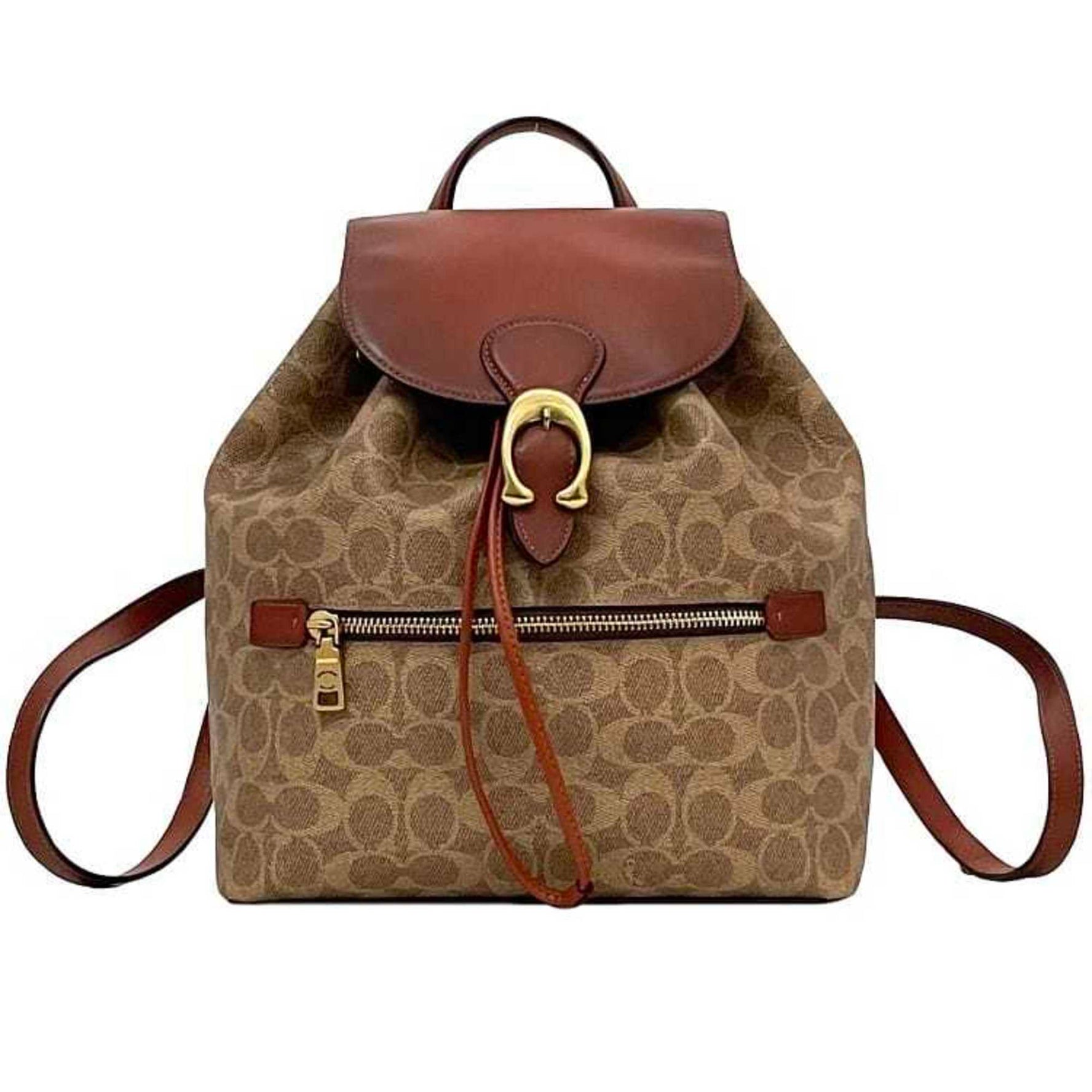 Coach Backpack Beige Brown Signature PVC Leather Flap C Metal Fittings Men's