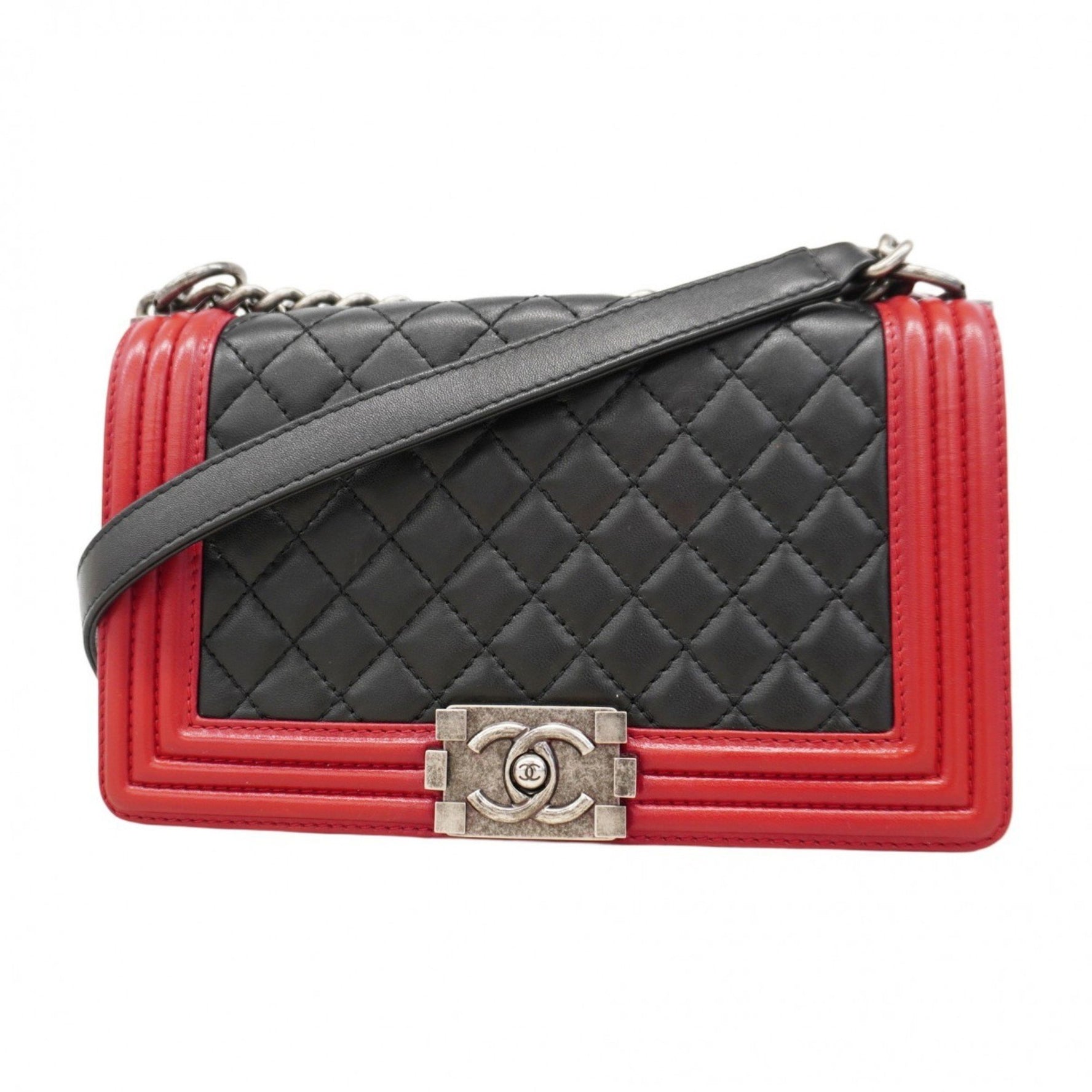 Chanel Shoulder Bag Boy Chain Lambskin Black Red
