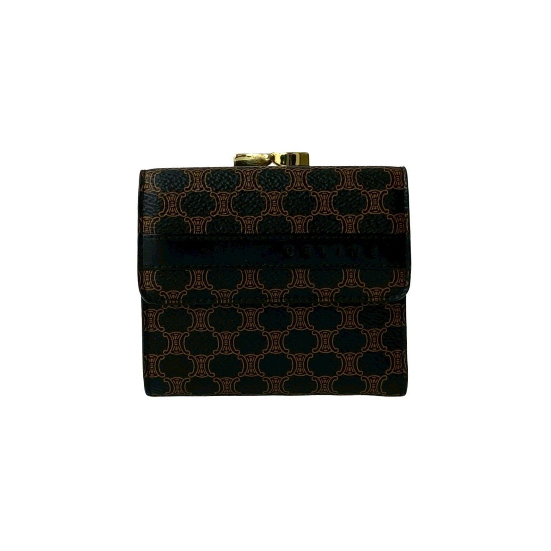 CELINE Logo Macadam Blason Pattern Leather Clasp Tri-fold Wallet in Black and Brown
