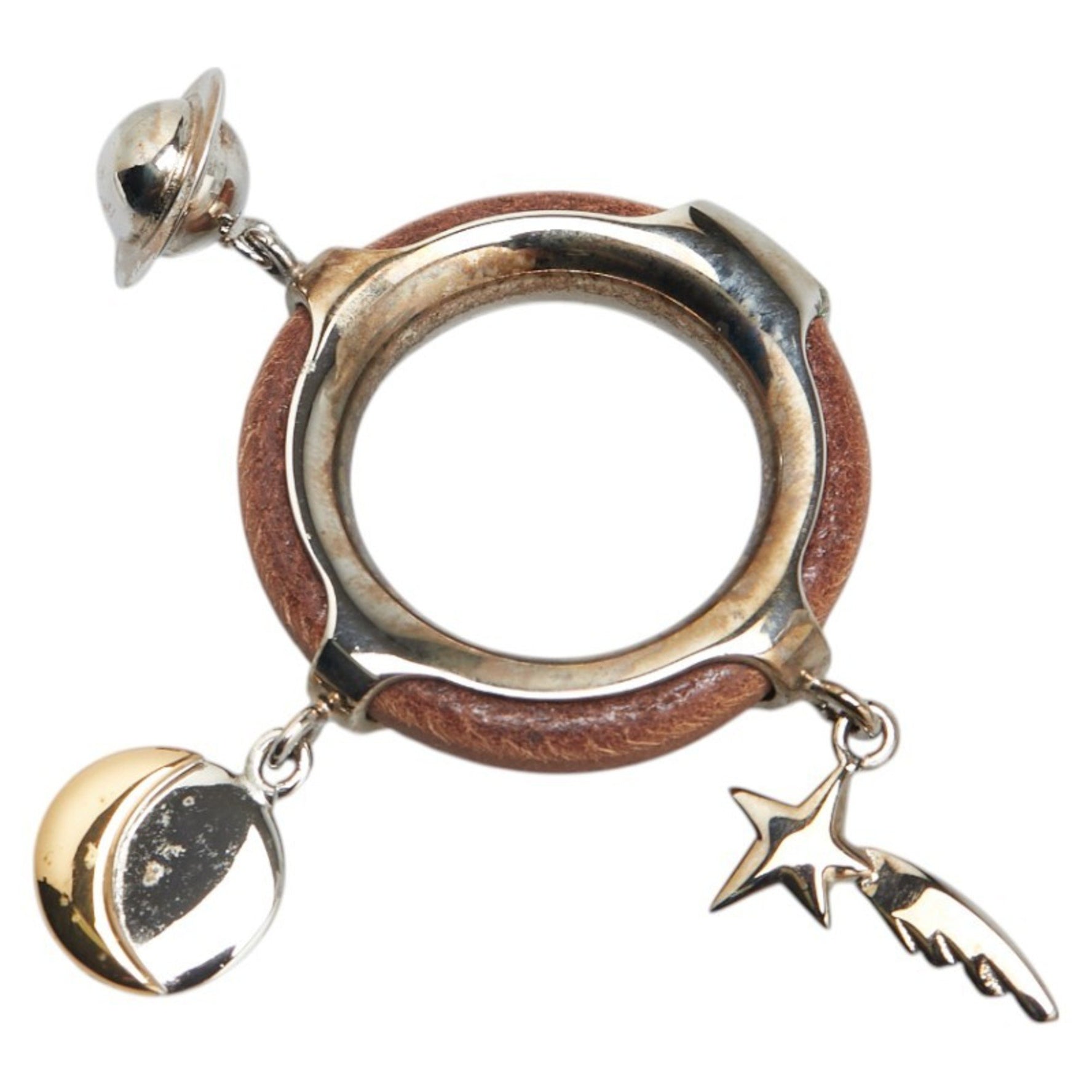 Hermes Saturn Moon Star Motif Scarf Ring Silver Brown Metal Leather