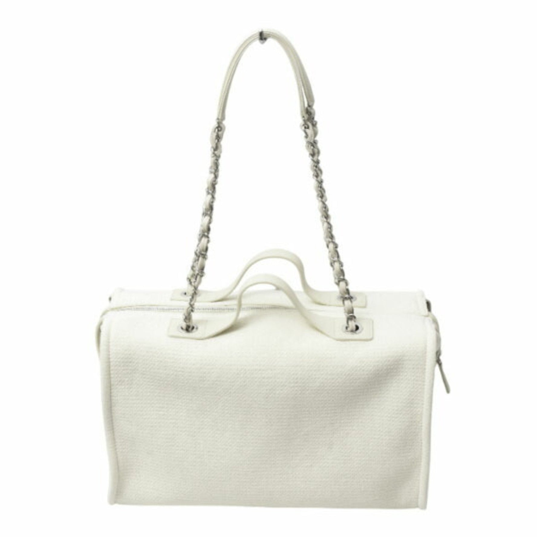 Chanel Deauville Boston Bag Shoulder Canvas Leather Ivory